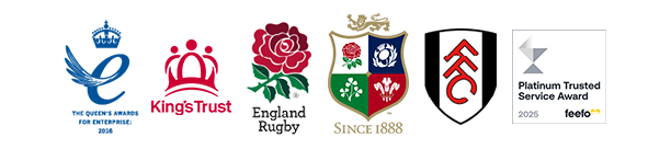 Our partners The Queen's Awards for Enterprise 2016, England Rugby, King's Trust, Fulham Football Club, New York Jets American Football Club, Feefo Platinum Trusted Service Award 