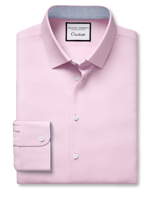 Pink non-iron stretch twill with blue and pink check inner collar detail
