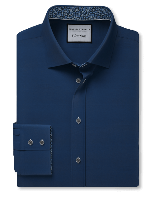 Navy stretch twill custom shirt with cobalt blue liberty print inner collar detail