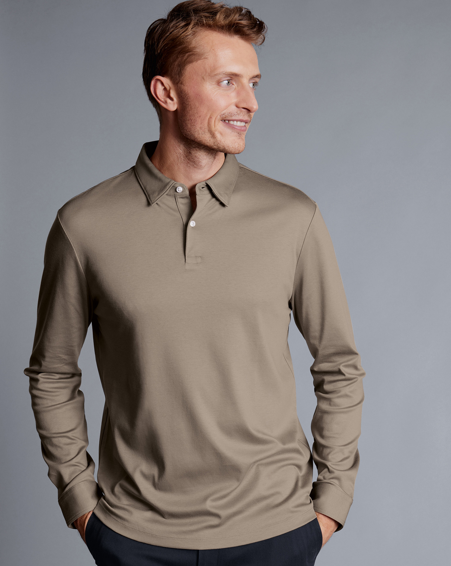 Men's Charles Tyrwhitt Smart Long Sleeve Jersey Polo Shirt - Taupe Neutral Size XXL Cotton
