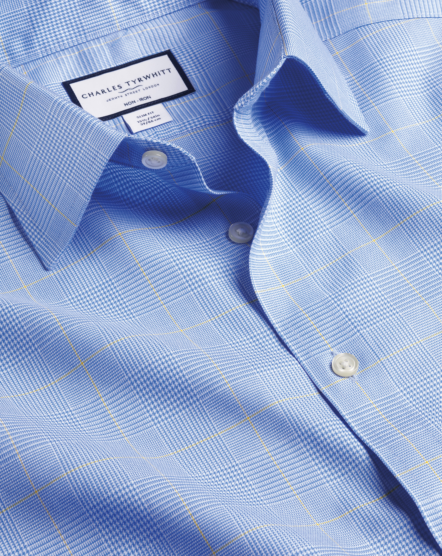 Men's Charles Tyrwhitt Non-Iron Prince Of Wales Check Dress Shirt - Ocean Blue Single Cuff Size XL C