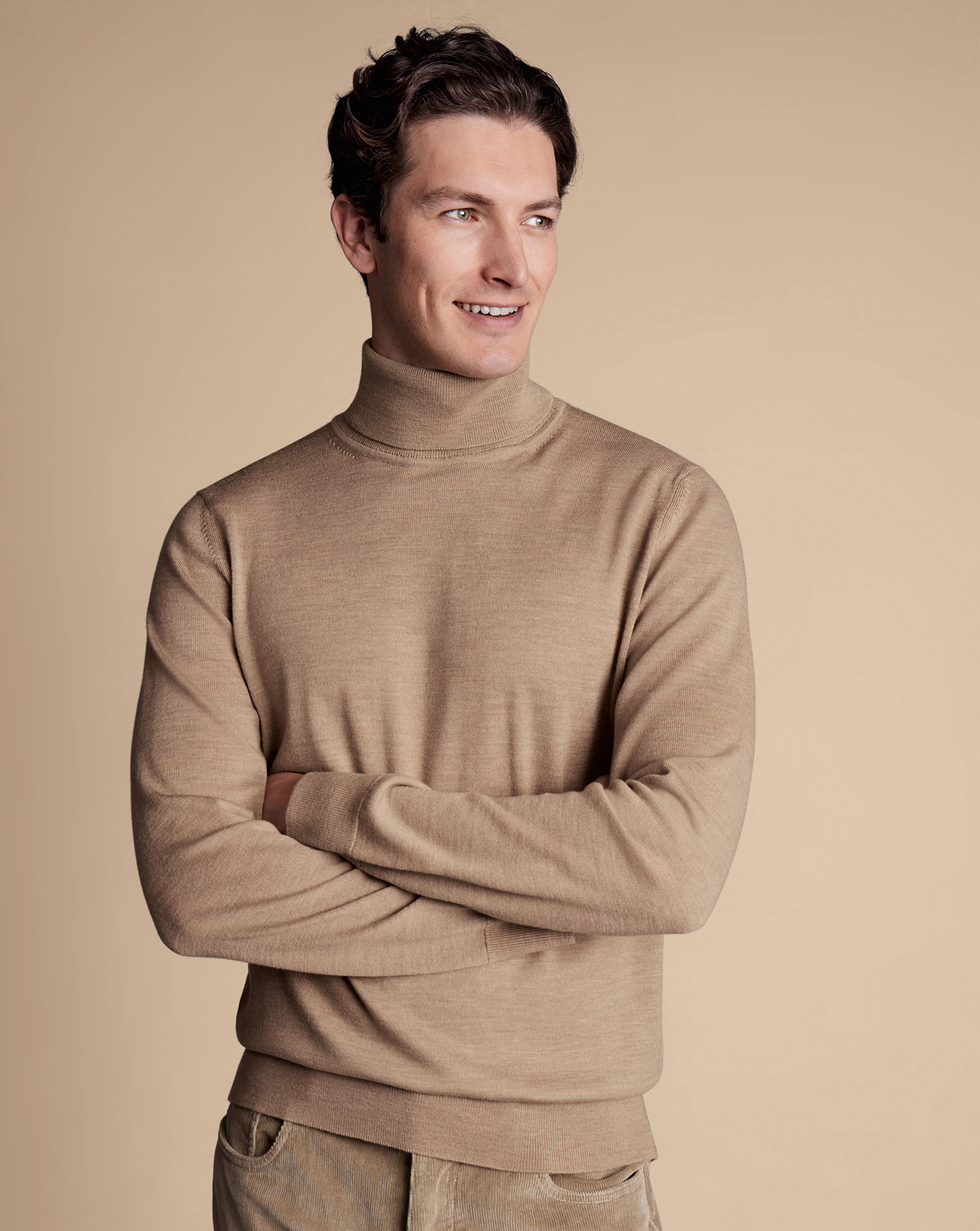 Men's Charles Tyrwhitt Merino Roll Neck Sweater - Oatmeal Neutral Size XXXL Wool
