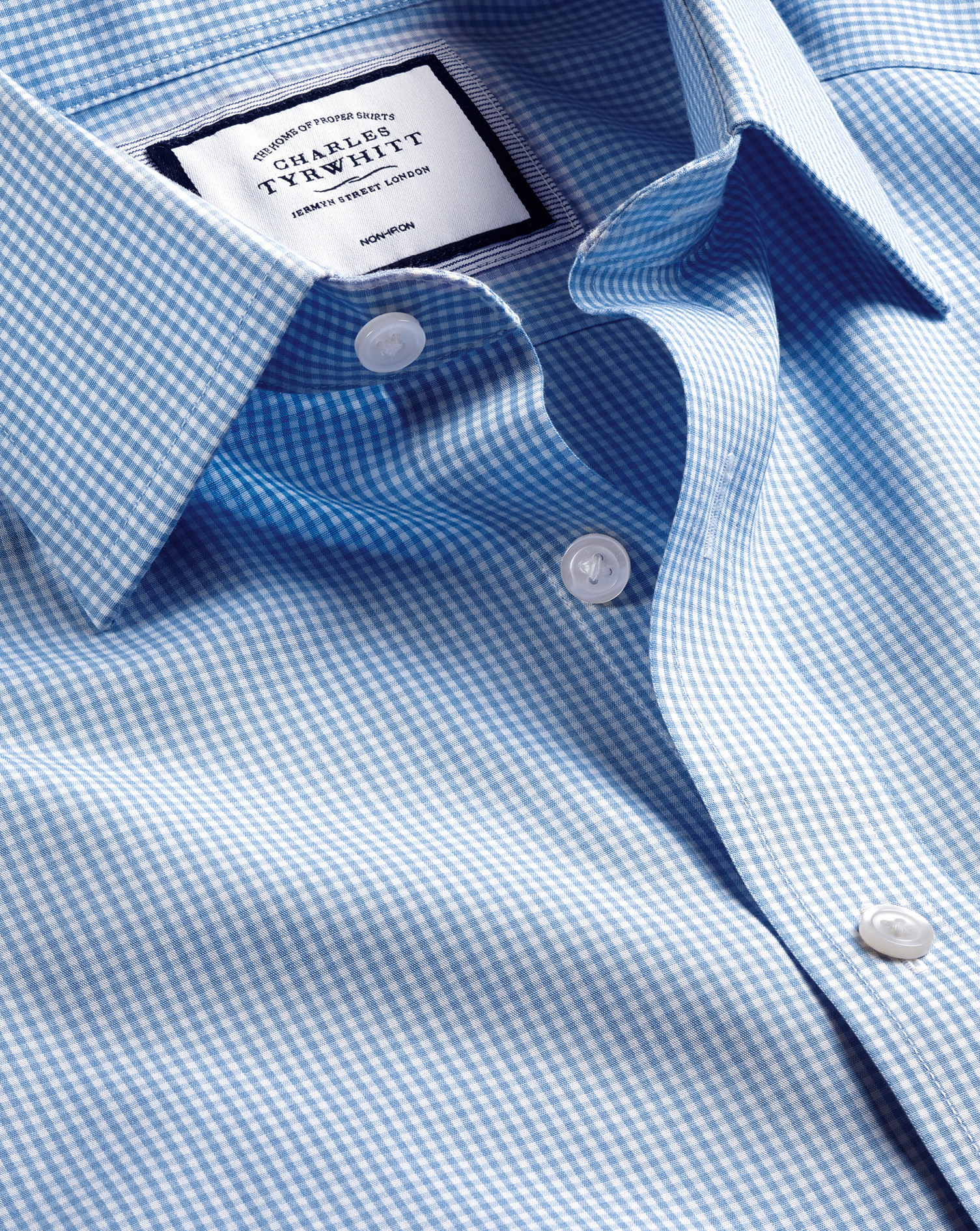 Men's Charles Tyrwhitt Non-Iron Mini Gingham Check Dress Shirt - Cornflower Blue Single Cuff Size XL