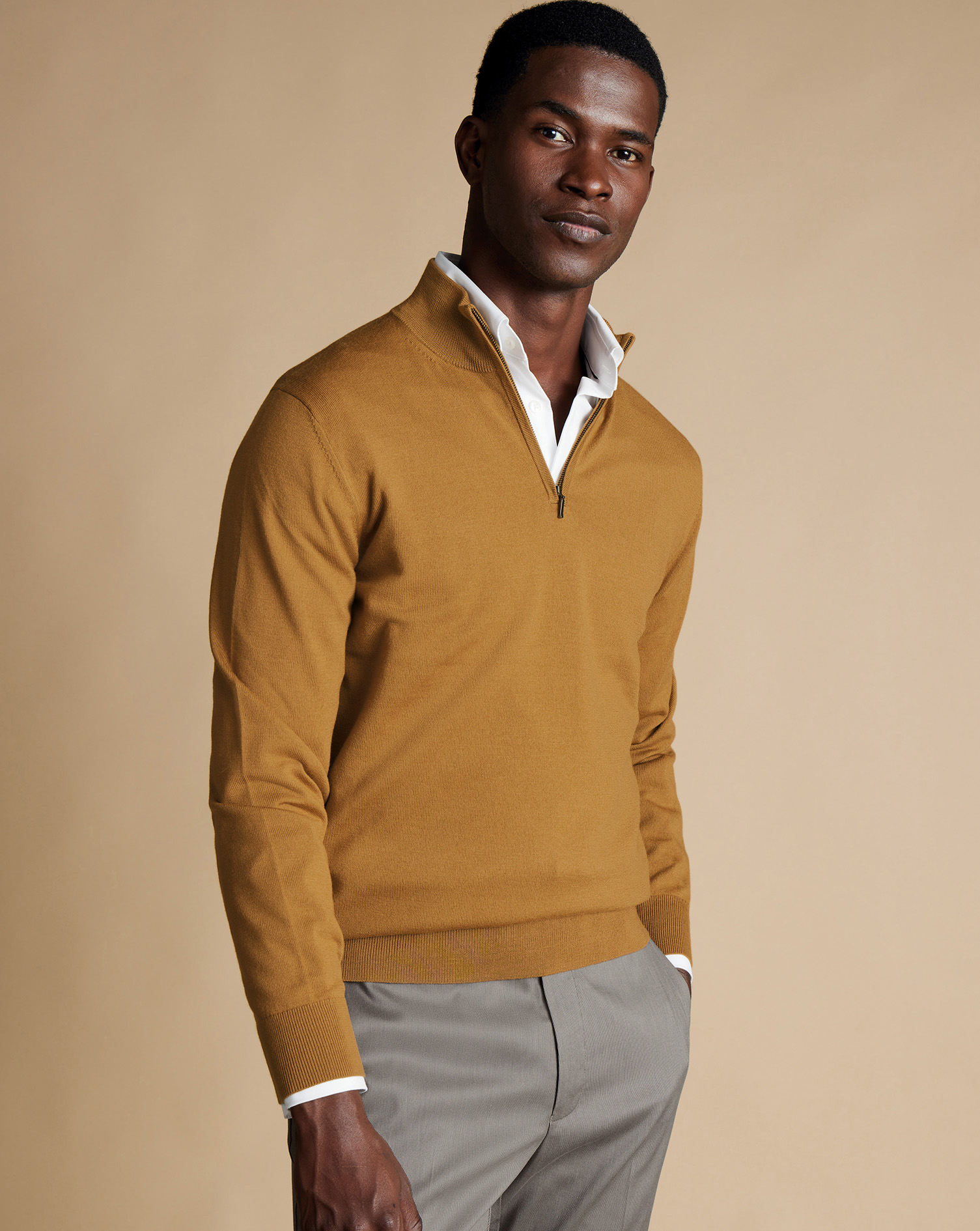 Men's Charles Tyrwhitt Merino Zip Neck Sweater - Gold Yellow Size Large Wool

