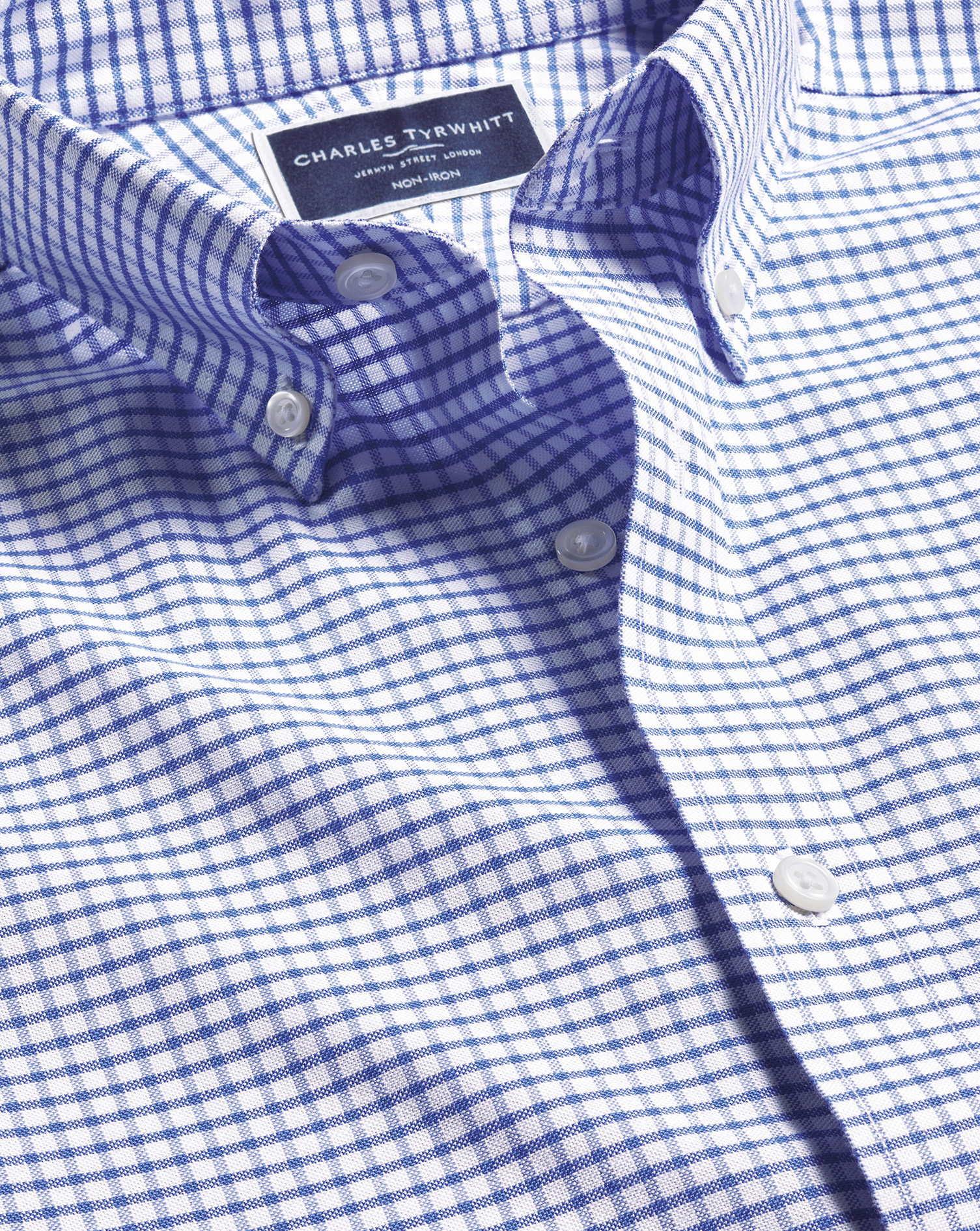 Men's Charles Tyrwhitt Button-Down Collar Non-Iron Stretch Check Oxford Casual Shirt - Cornflower Bl