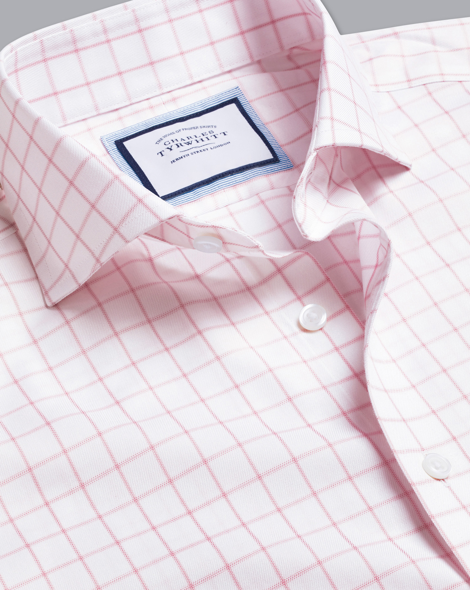 Men's Charles Tyrwhitt Cutaway Collar Non-Iron Twill Grid Check Dress Shirt - Pink Single Cuff Size 