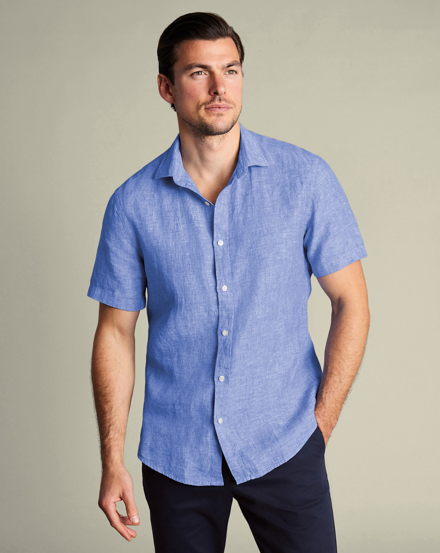 Men's Pure Linen Short Sleeve Shirt - Cobalt Blue, Large by Charles Tyrwhitt