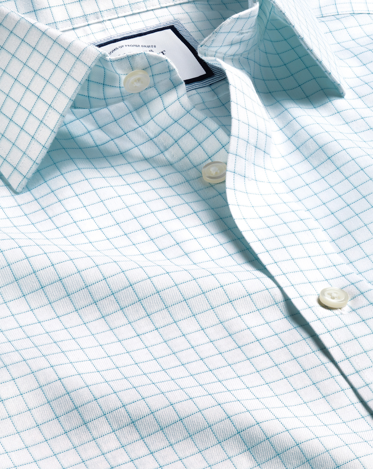 Men's Charles Tyrwhitt Non-Iron Twill Fine Shadow Check Dress Shirt - Aqua Green Single Cuff Size Sm