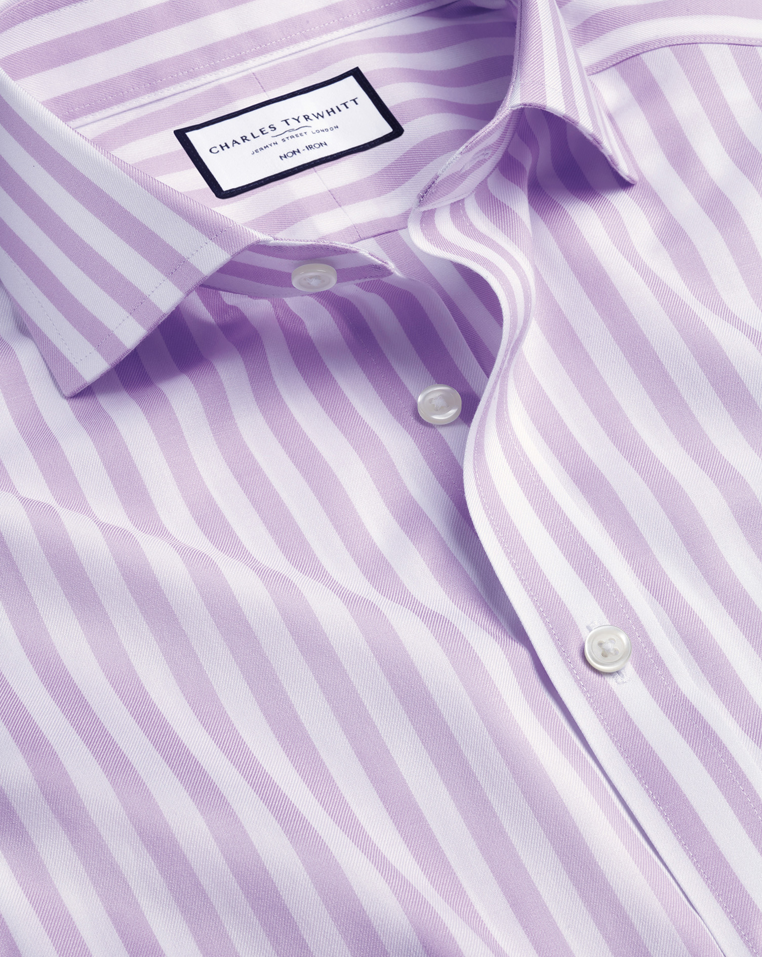 Men's Charles Tyrwhitt Cutaway Collar Non-Iron Twill Wide Stripe Dress Shirt - Lilac Purple Single C