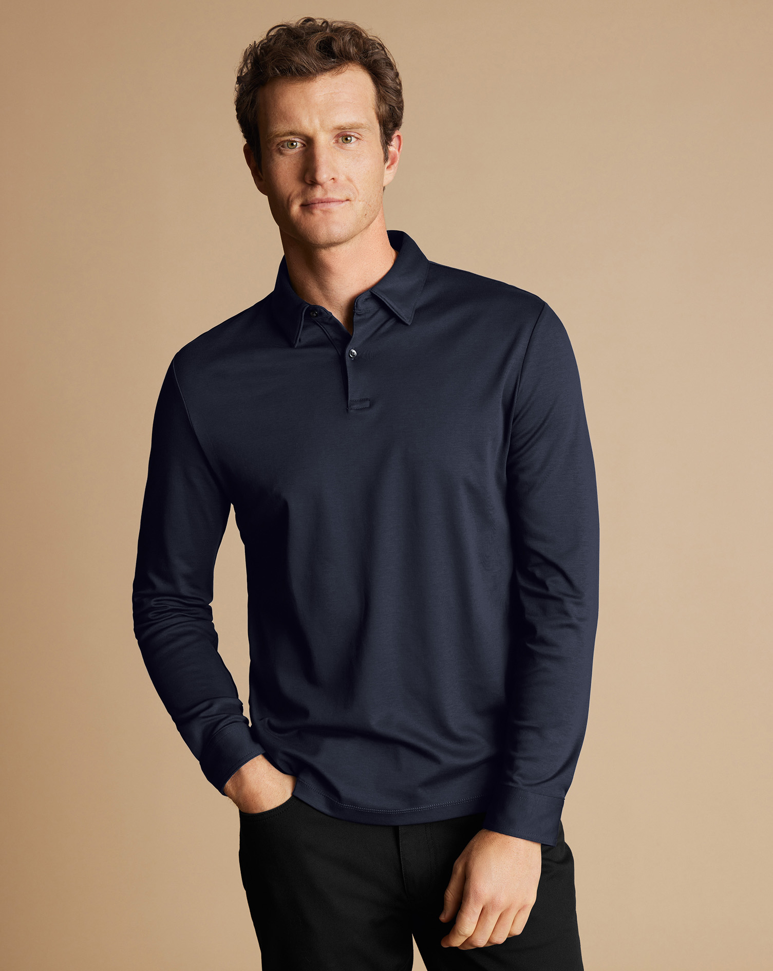Men's Charles Tyrwhitt Smart Long Sleeve Jersey Polo Shirt - Navy Blue Size Medium Cotton
