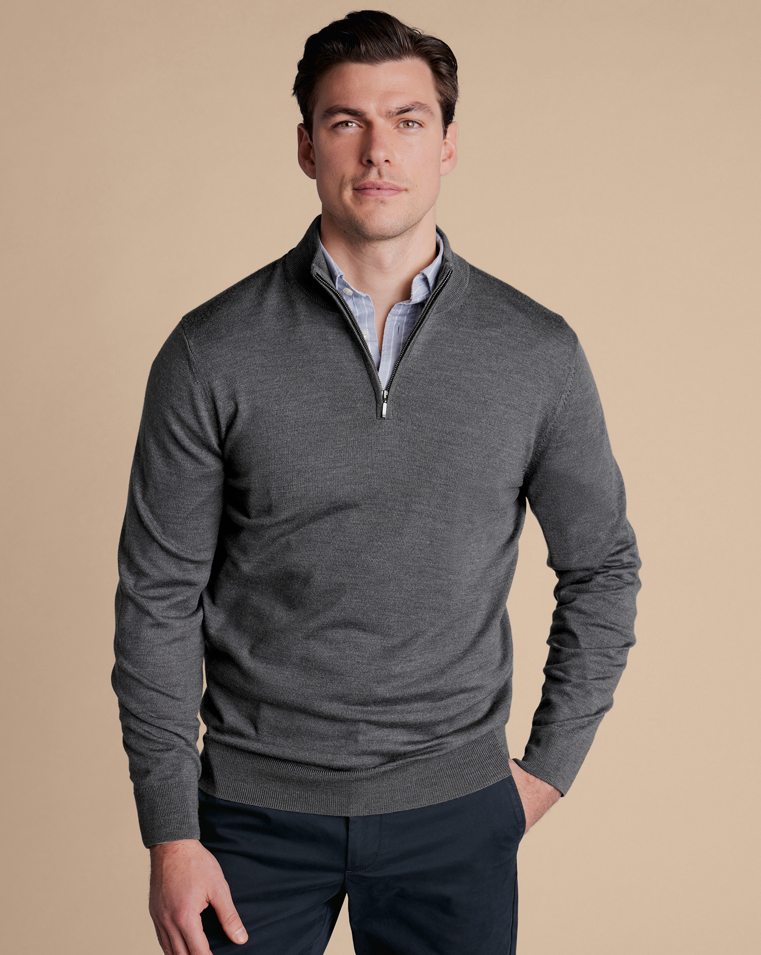 Men's Charles Tyrwhitt Merino Zip Neck Sweater - Grey Size Large Wool

