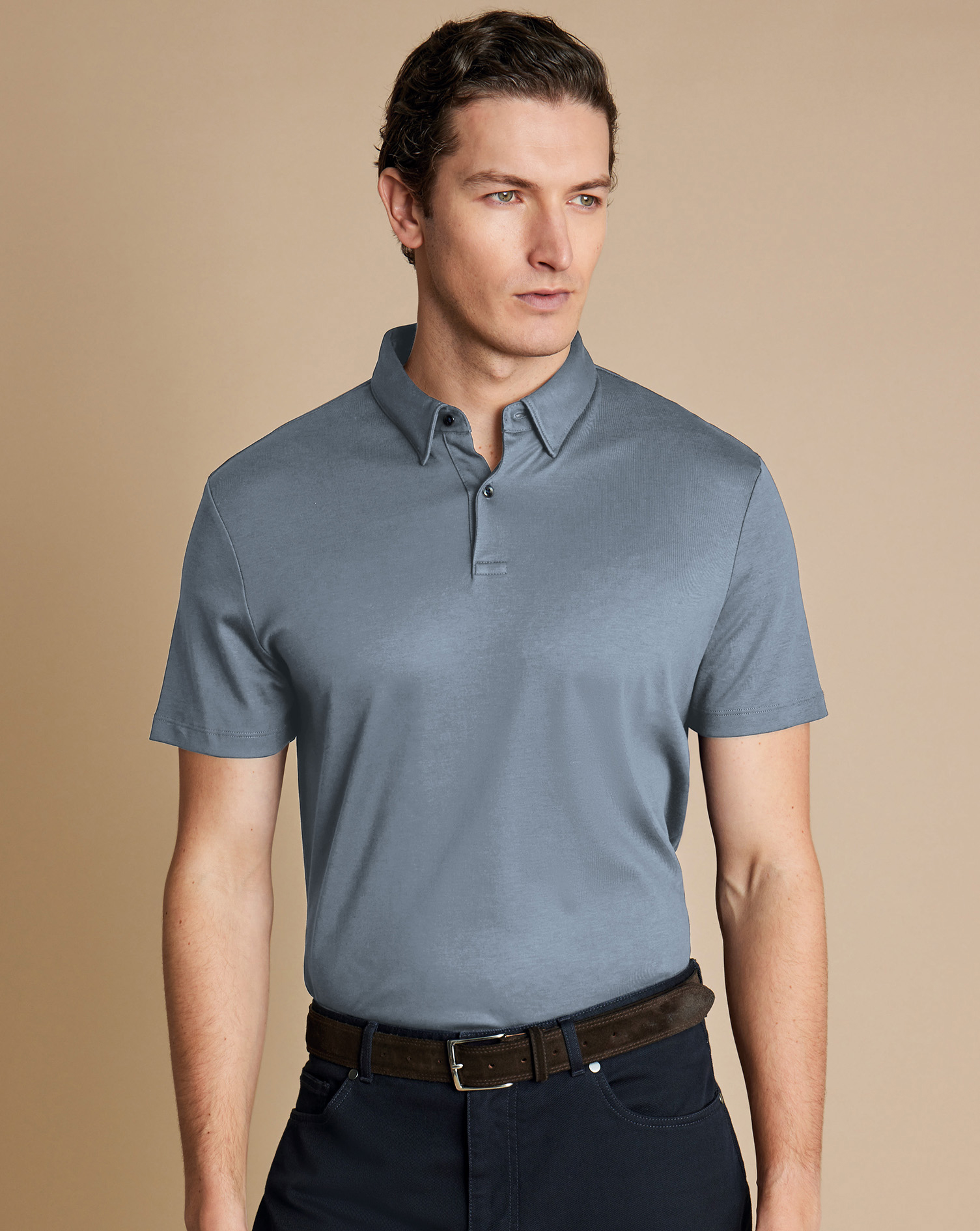 Men's Charles Tyrwhitt Smart Jersey Polo Shirt - Steel Blue Size Medium Cotton
