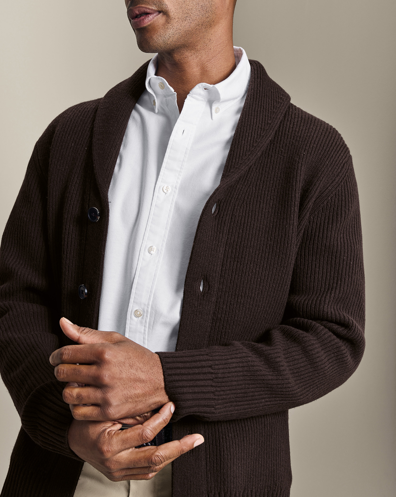 Men's Chunky Pure Merino Shawl Neck Wool Cardigan - Chocolate Brown, XXL by Charles Tyrwhitt