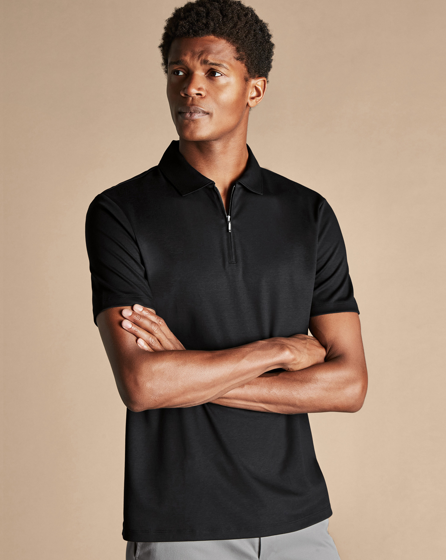 Men's Charles Tyrwhitt Zip-Neck Jersey Polo Shirt - Black Size XL Cotton
