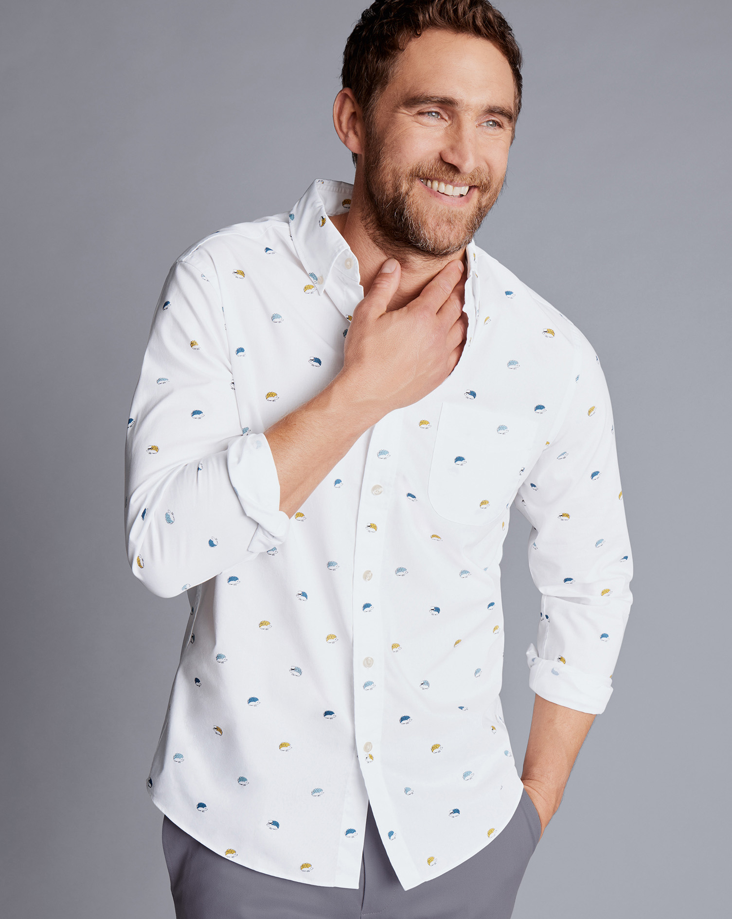 Men's Charles Tyrwhitt Button-Down Collar Non-Iron Hedgehog Print Casual Shirt Size XL Cotton
