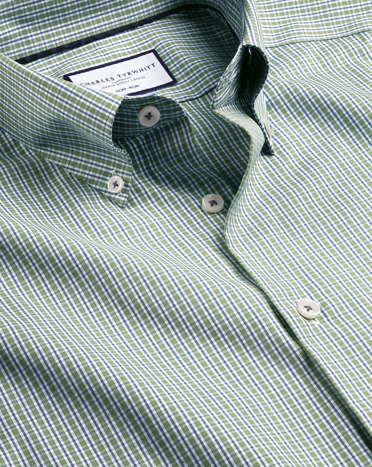 Men's Charles Tyrwhitt Button-Down Collar Non-Iron Check Oxford Dress Shirt - Green Single Cuff Size
