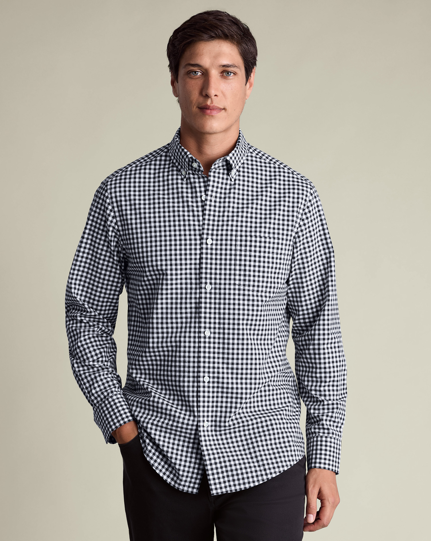 Men's Charles Tyrwhitt Button-Down Stretch Washed Poplin Gingham Shirt - Dark Navy Blue Size Medium Cotton
