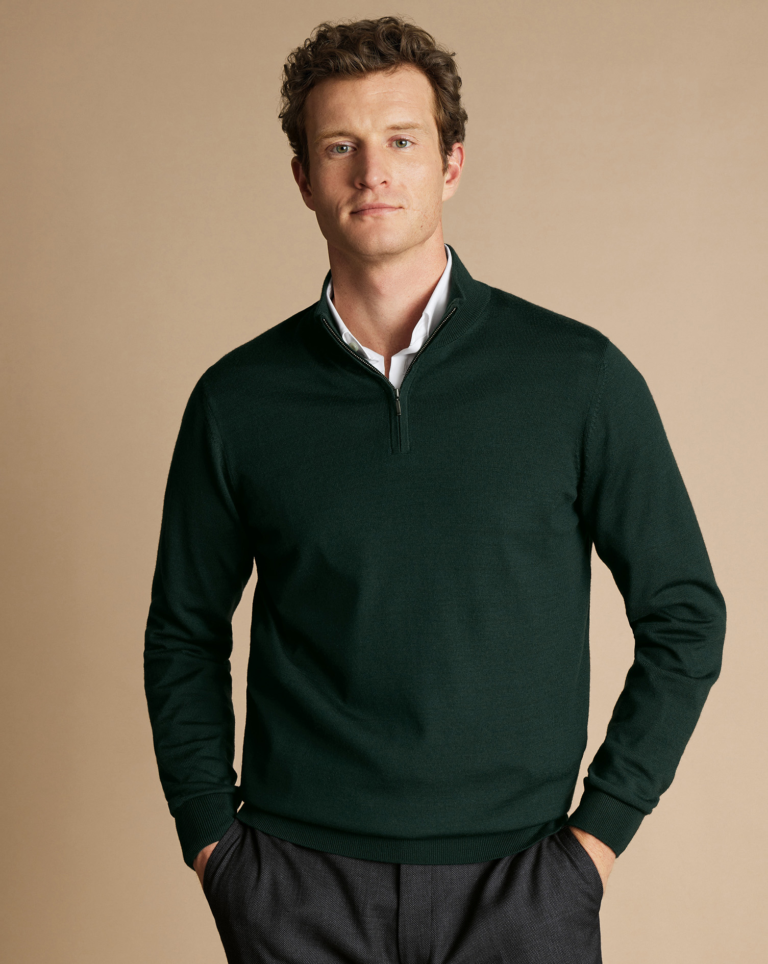 Men's Charles Tyrwhitt Merino Zip Neck Sweater - Forest Green Size XXL Wool
