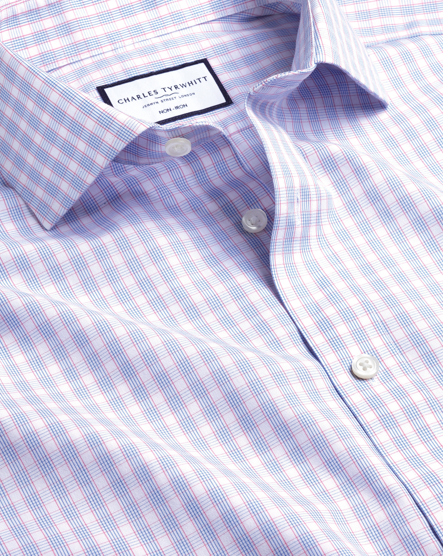 Men's Charles Tyrwhitt Cutaway Collar Non-Iron Poplin Multi Check Dress Shirt - Cornflower Blue Sing