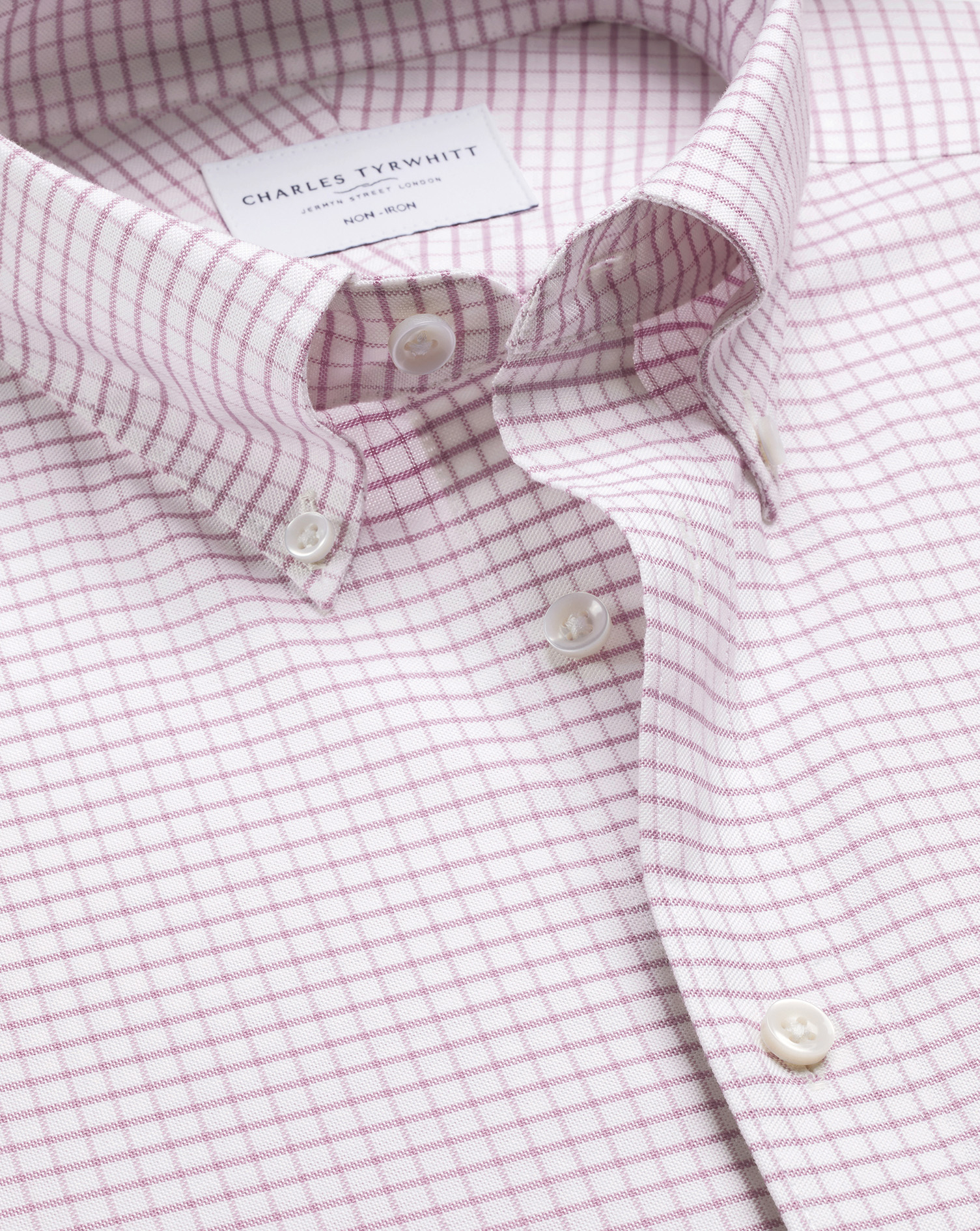 Men's Charles Tyrwhitt Non-Iron Stretch Oxford Check Shirt - Burgundy Red Single Cuff Size 15.5/34 Cotton