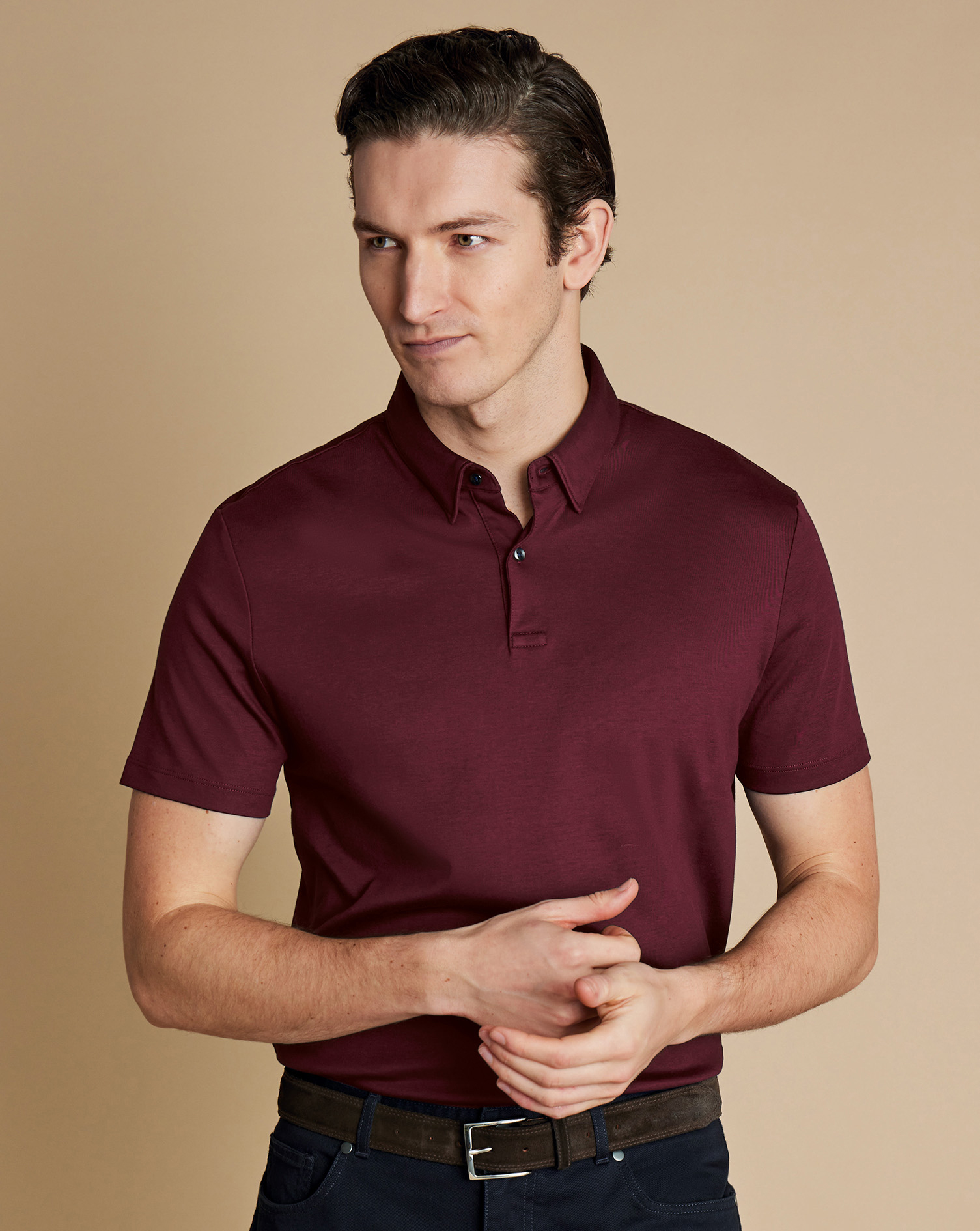 Men's Charles Tyrwhitt Smart Jersey Polo Shirt - Wine Red Size Medium Cotton
