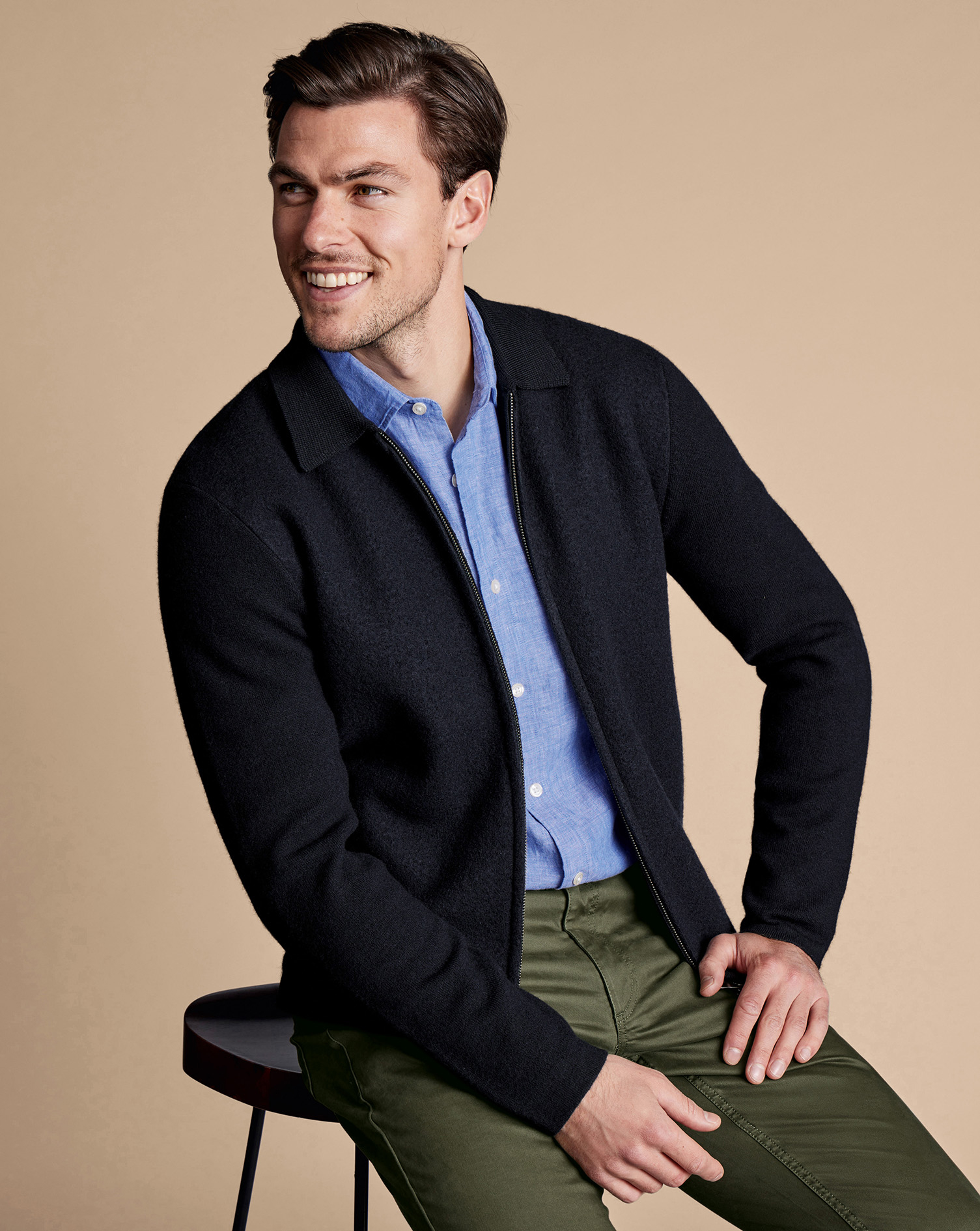 Men's Charles Tyrwhitt Brushed & Milano Zip Through Long Sleeve Jacket - Dark Navy Blue Size XL Wool