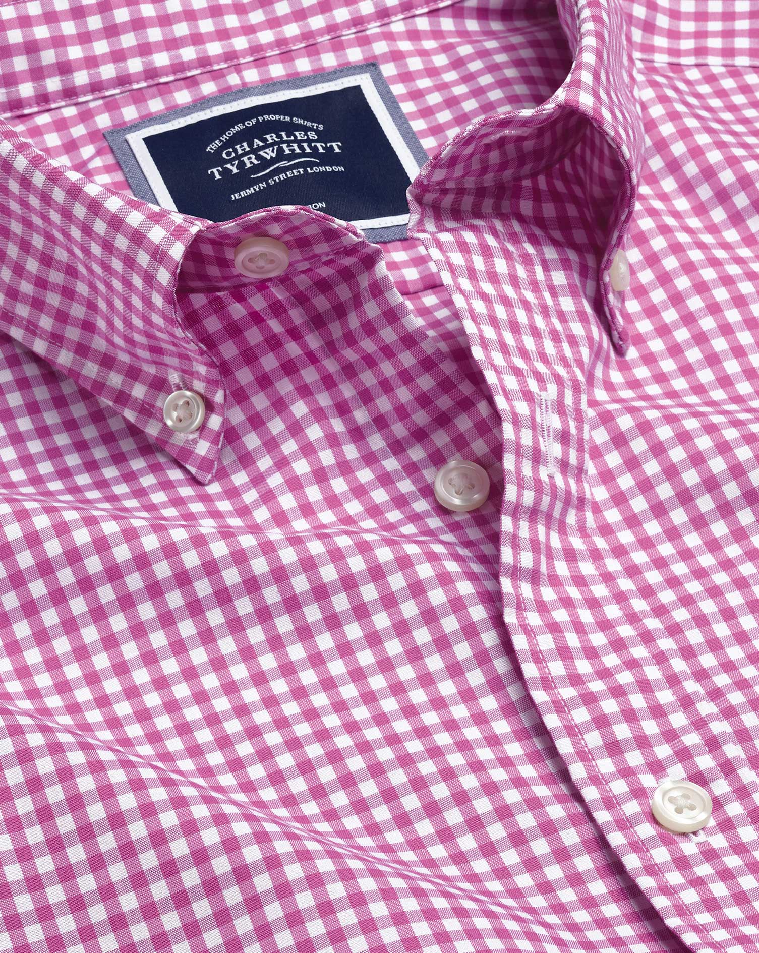 Button-Down Collar Non-Iron Stretch Poplin Gingham Cotton Casual Shirt - Berry Single Cuff Size XS
