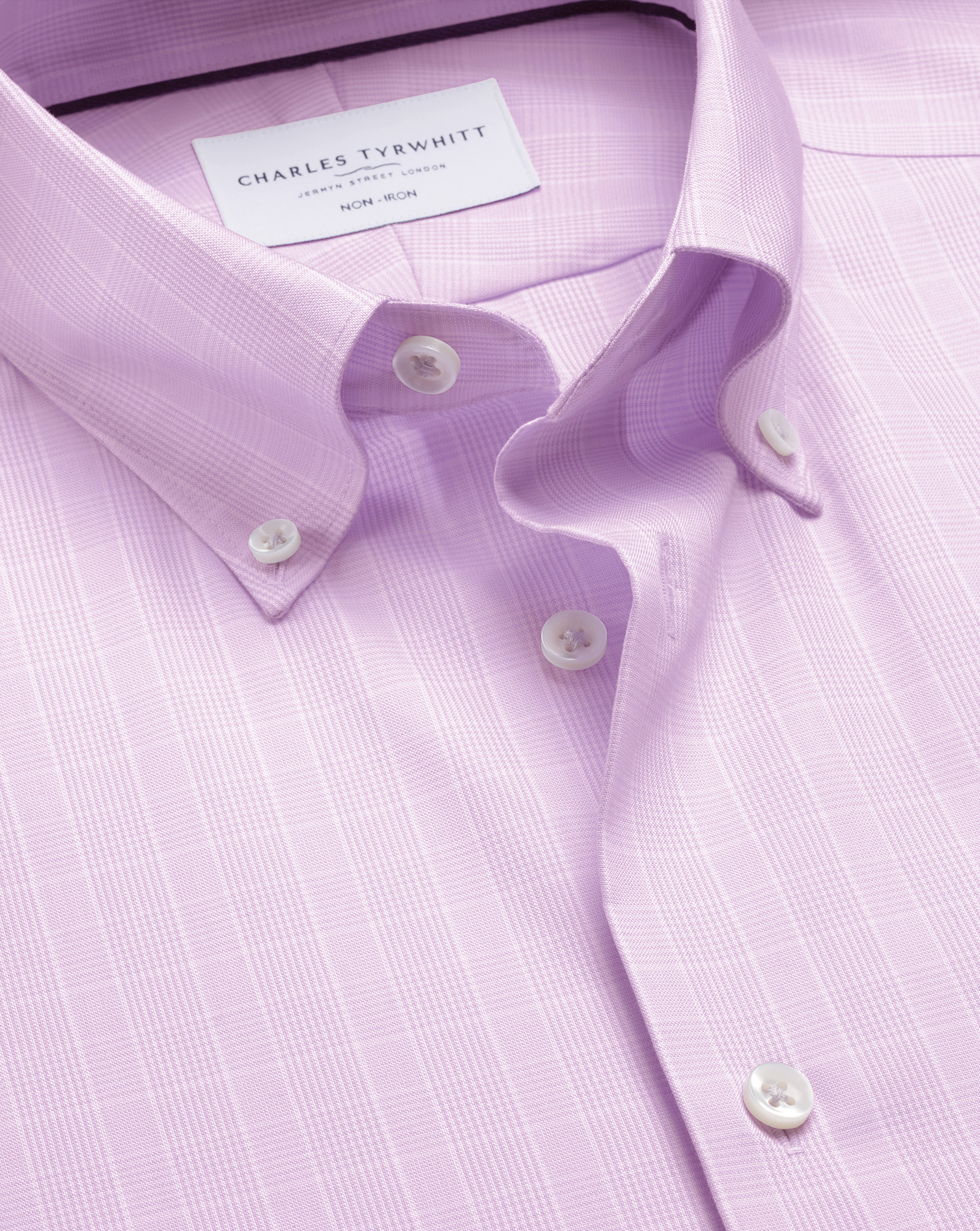 Men's Charles Tyrwhitt Non-Iron Stretch Pinpoint Oxford Prince Of Wales Shirt - Lilac Single Cuff Purple Size 16.5/34 Cotton
