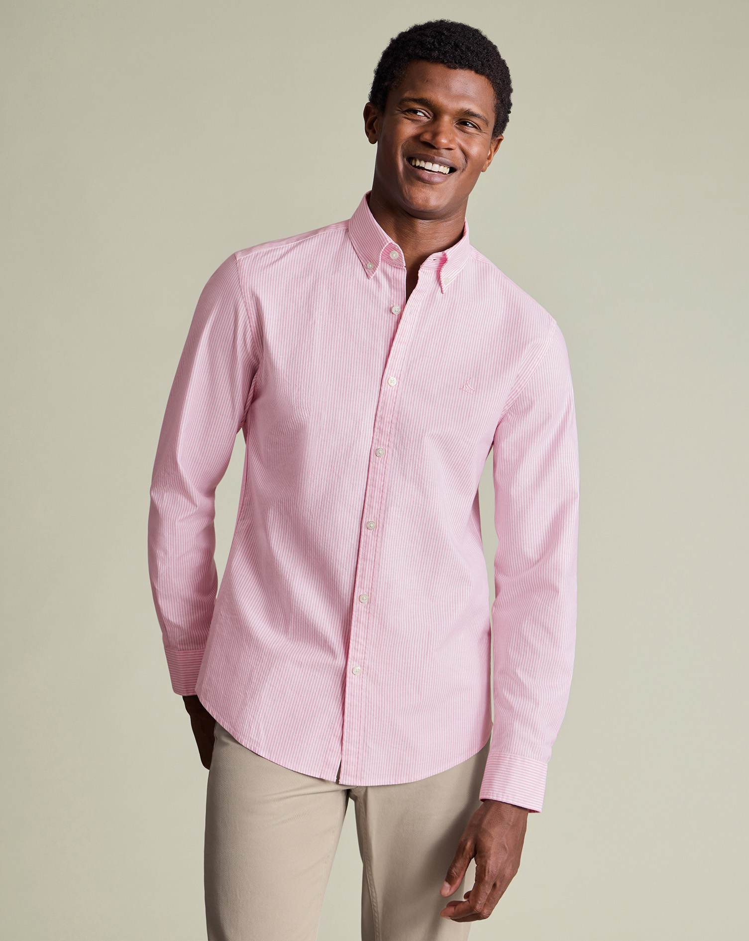 Button-Down Stretch Washed Oxford Stripe Shirt - Pink | Charles
