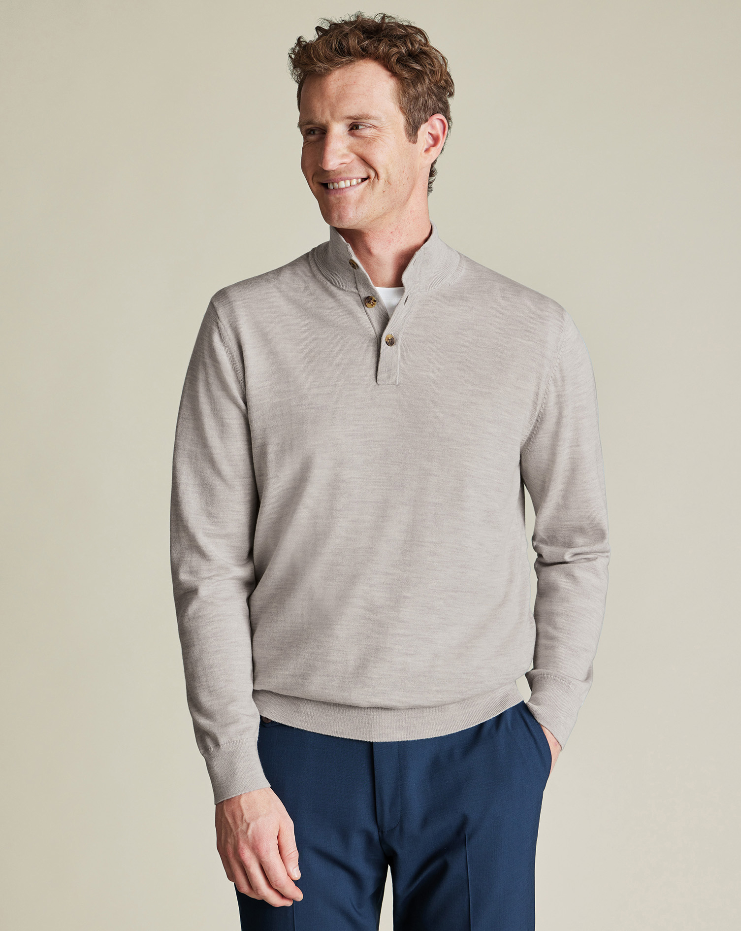 Pure Merino Button Neck Jumper - Silver Grey