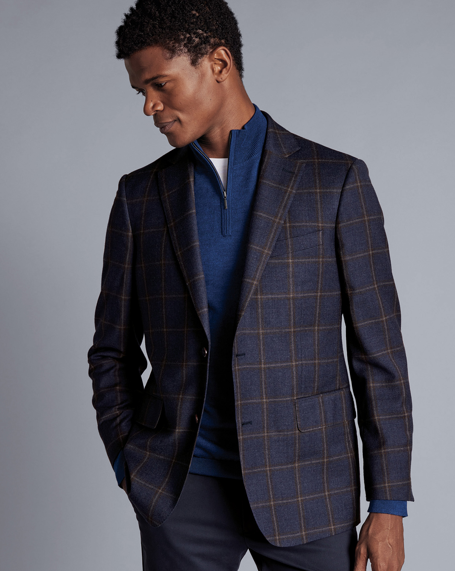 Men's Charles Tyrwhitt Checkered Windowpane Texture na Jacket - Steel Blue Size 38R Wool
