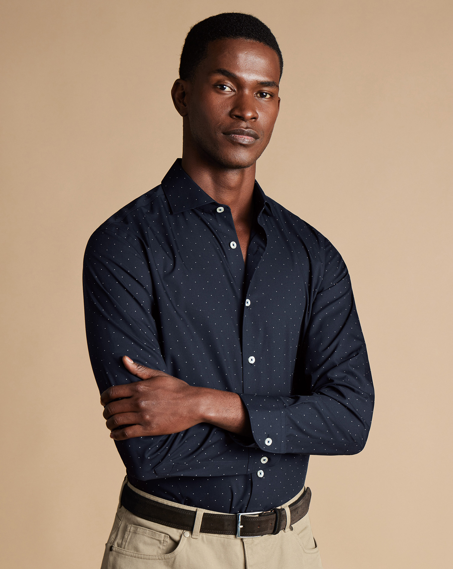 Men's Charles Tyrwhitt Semi-Cutaway Collar Non-Iron Stretch Spot Print Shirt - Navy Single Cuff Blue