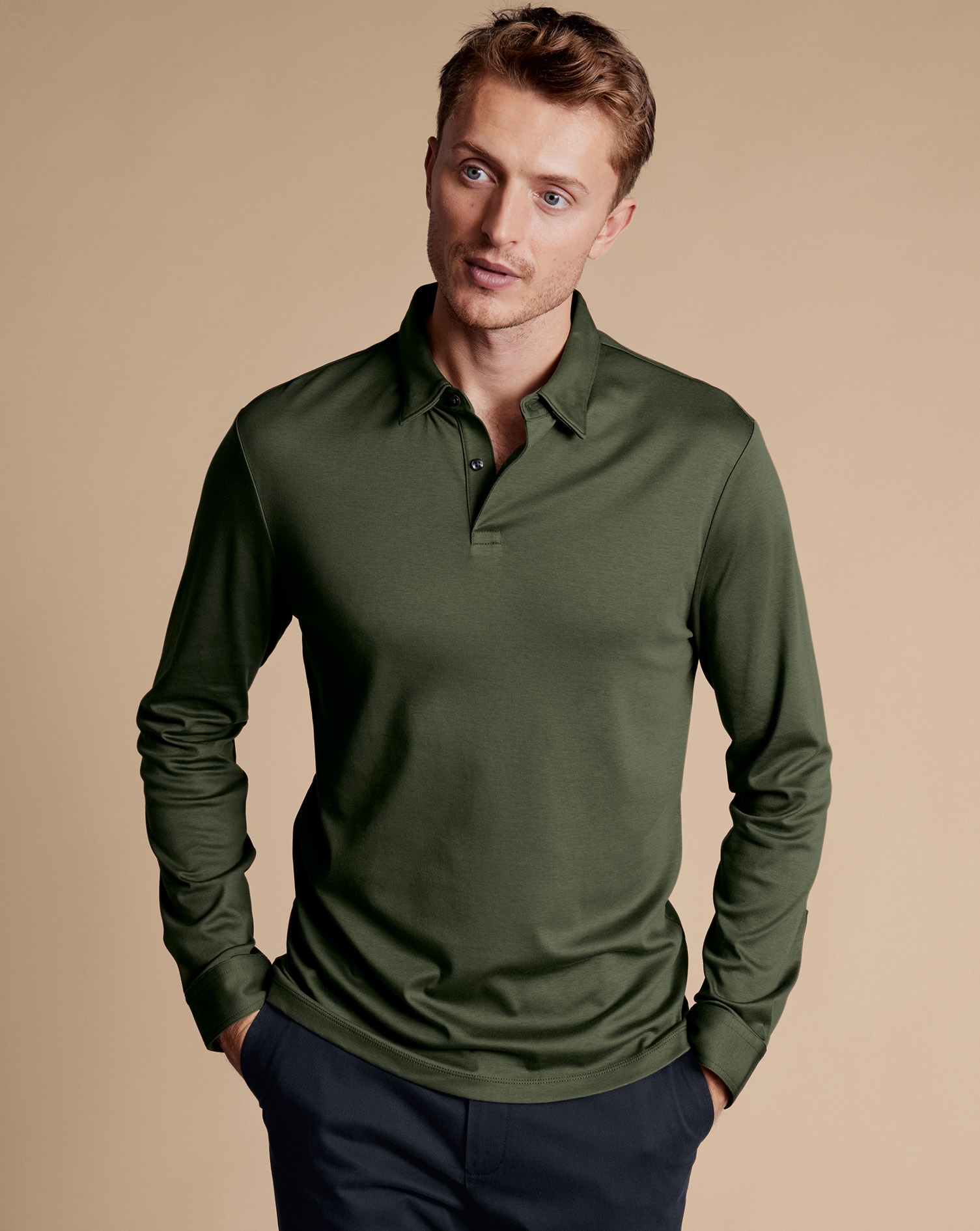 Men's Charles Tyrwhitt Smart Long Sleeve Jersey Polo Shirt - Olive Green Size XXXL Cotton
