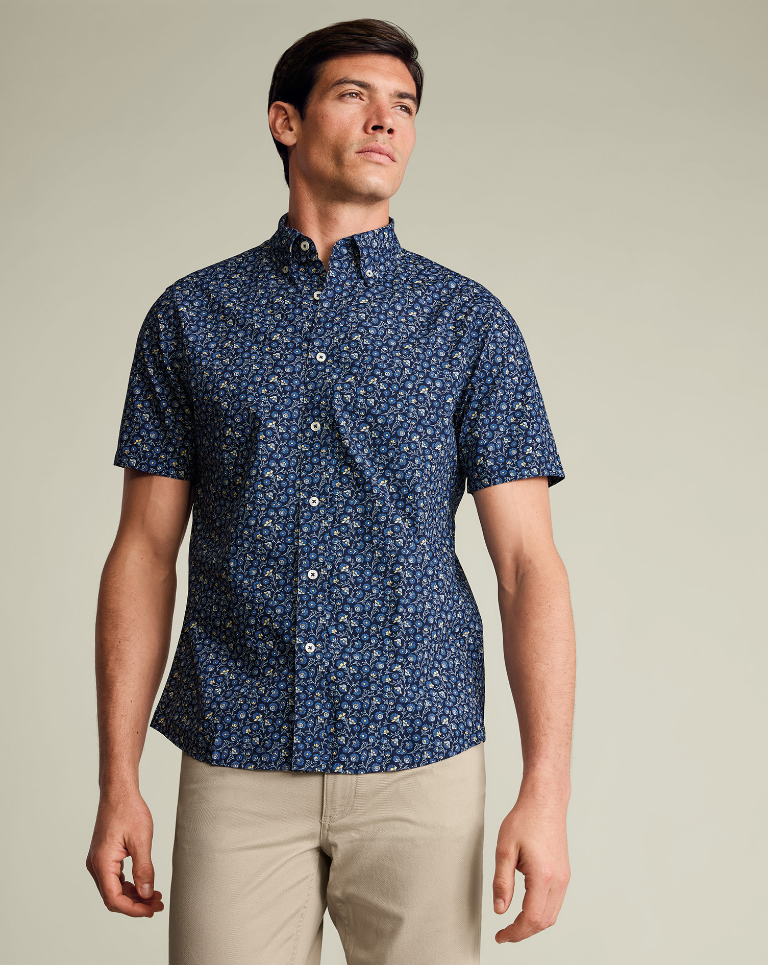 Men's Short Sleeve Stretch Washed Poplin Floral Cotton Shirt - Mid Blue, Medium by Charles Tyrwhitt