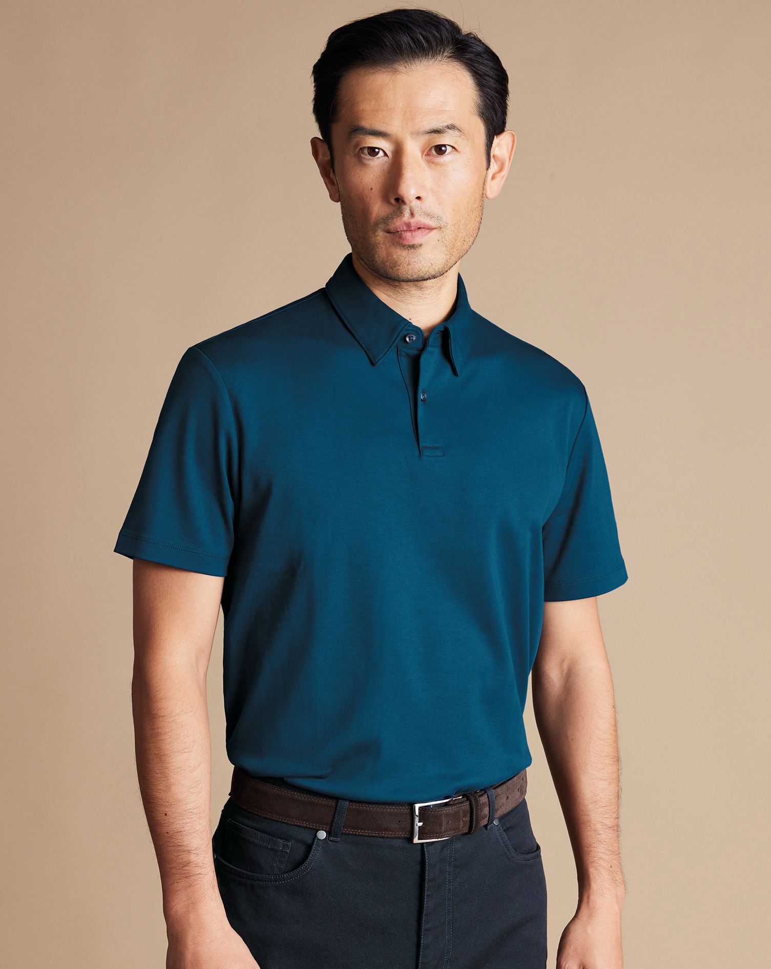 Men's Charles Tyrwhitt Smart Jersey Polo Shirt - Turquoise Blue Size Small Cotton
