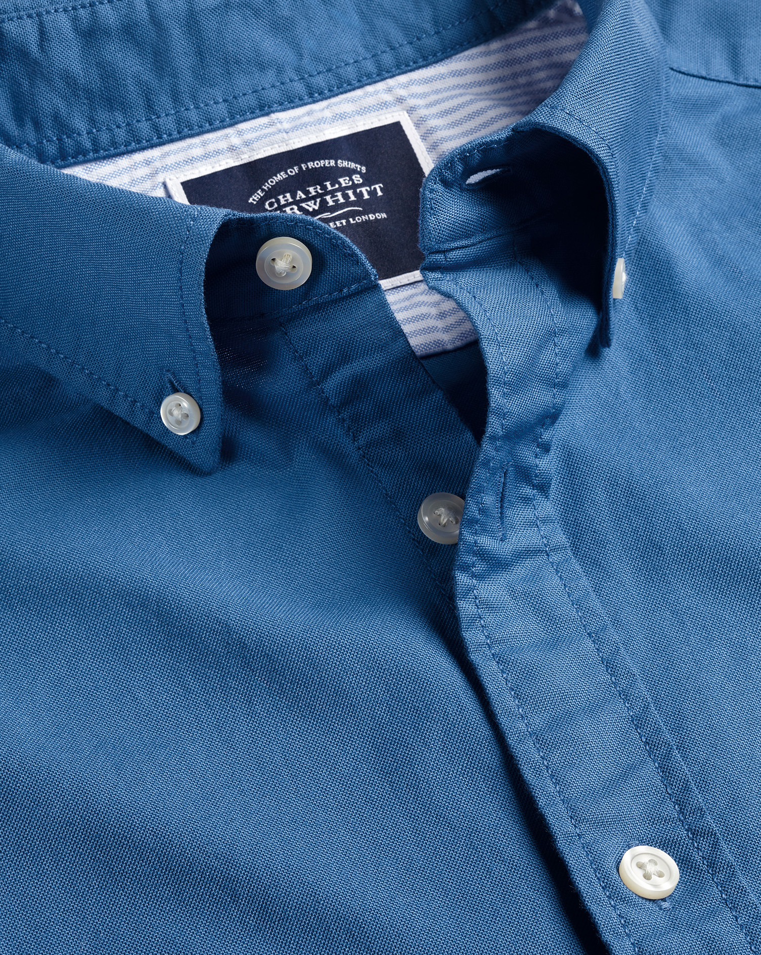 Men's Charles Tyrwhitt Button-Down Collar Washed Oxford Casual Shirt - Ocean Blue Single Cuff Size S