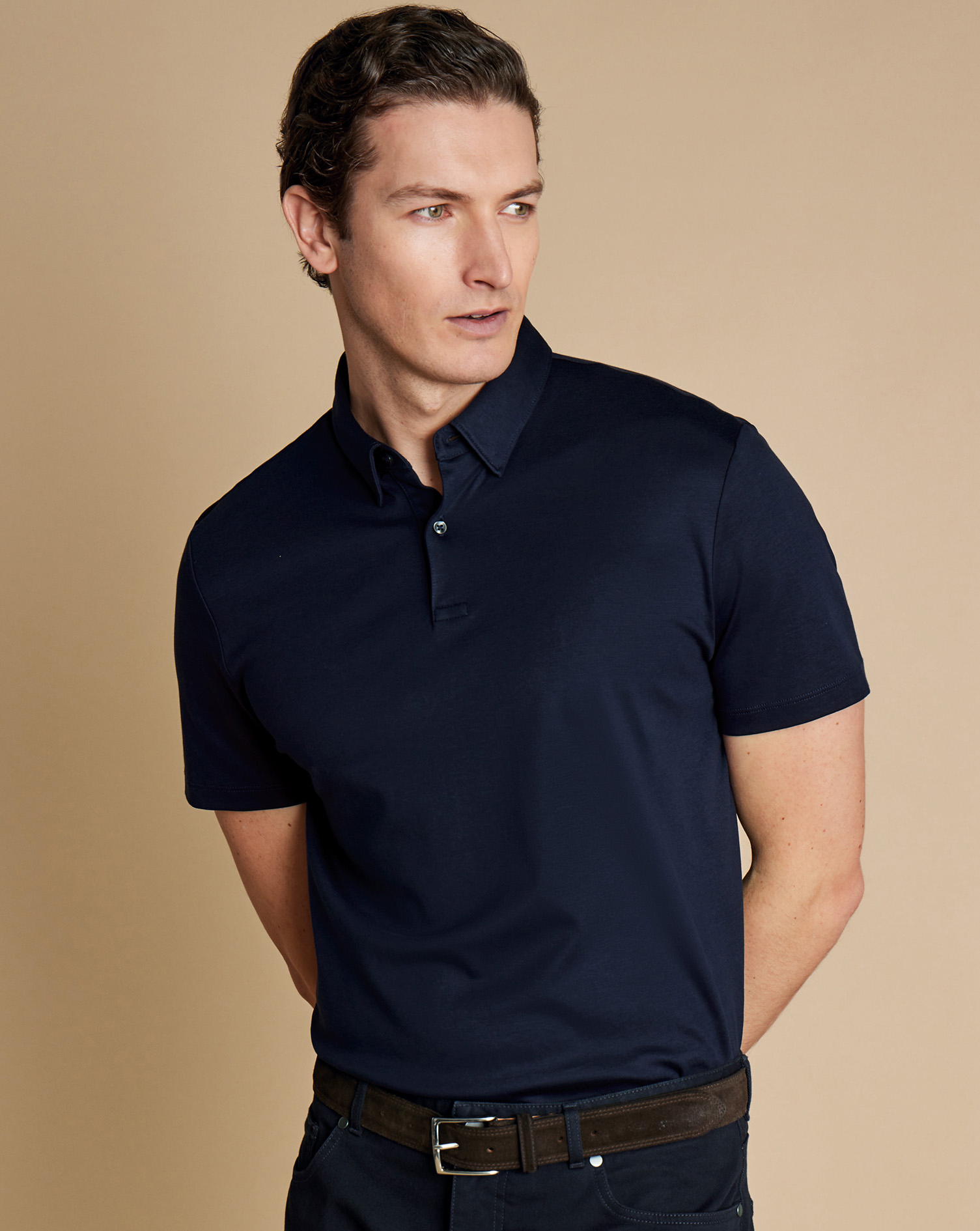 Men's Charles Tyrwhitt Smart Jersey Polo Shirt - Navy Blue Size XL Cotton
