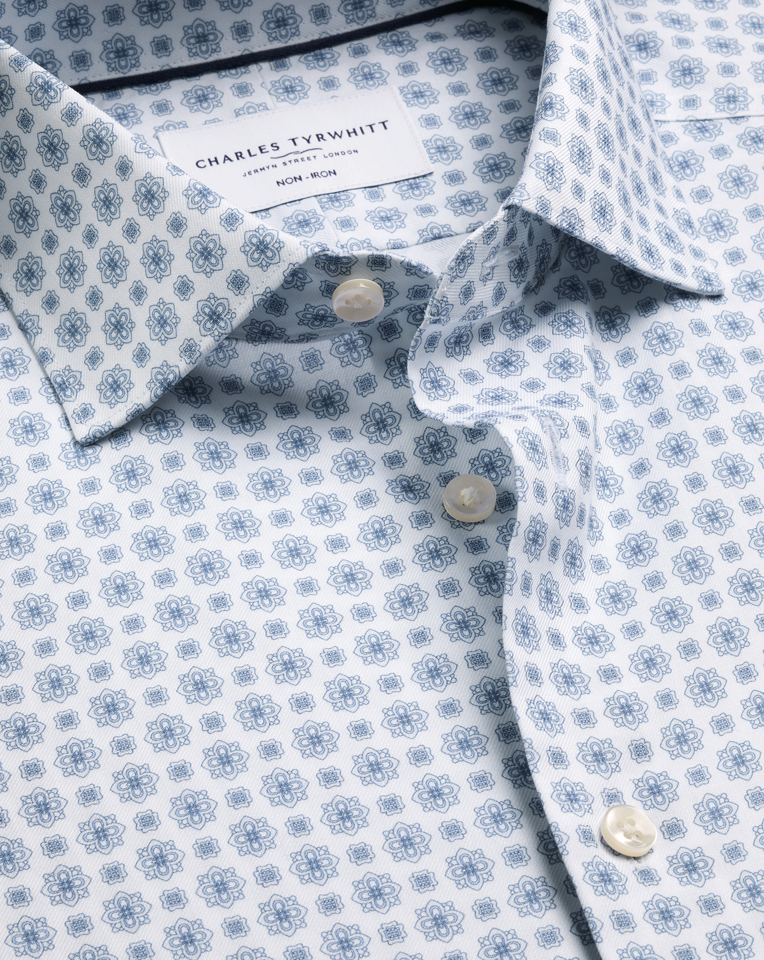 Non-Iron Stretch Print Shirt – White & Blue