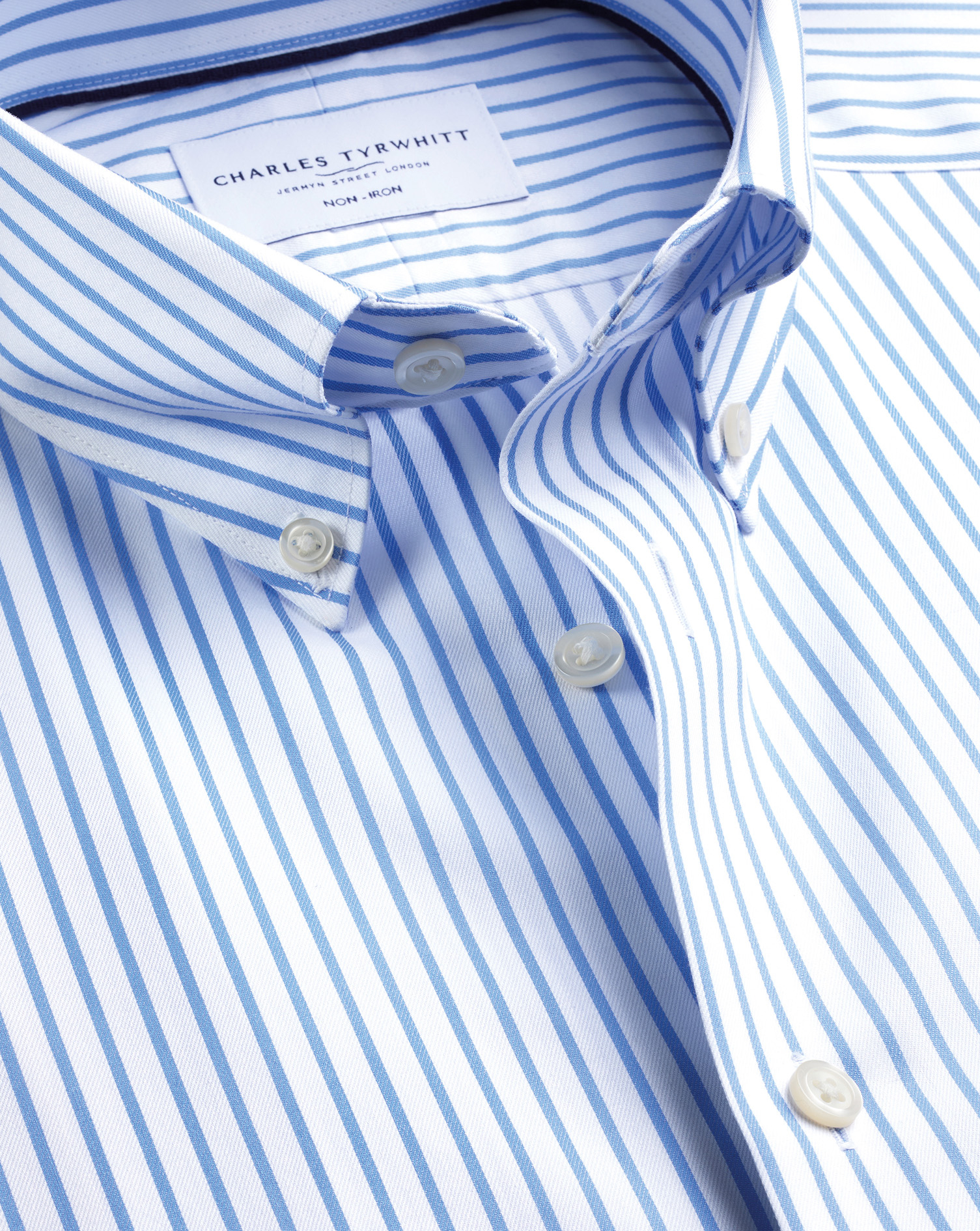 Men's Charles Tyrwhitt Non-Iron Twill Stripe Shirt - Cornflower Blue Single Cuff Size 17.5/36 Cotton