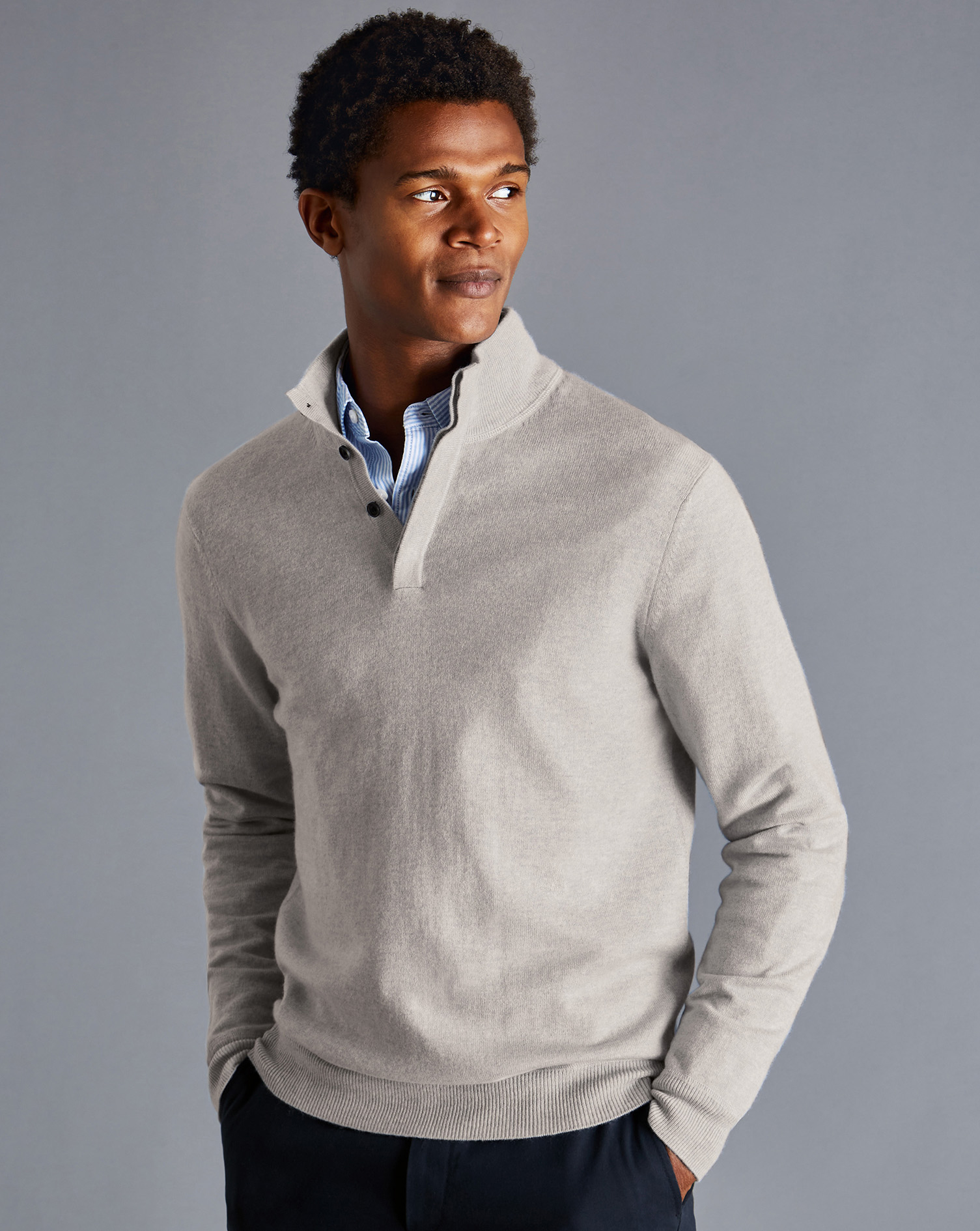 Men's Charles Tyrwhitt Button Neck Sweater - Silver Grey Size XXL Merino Cashmere
