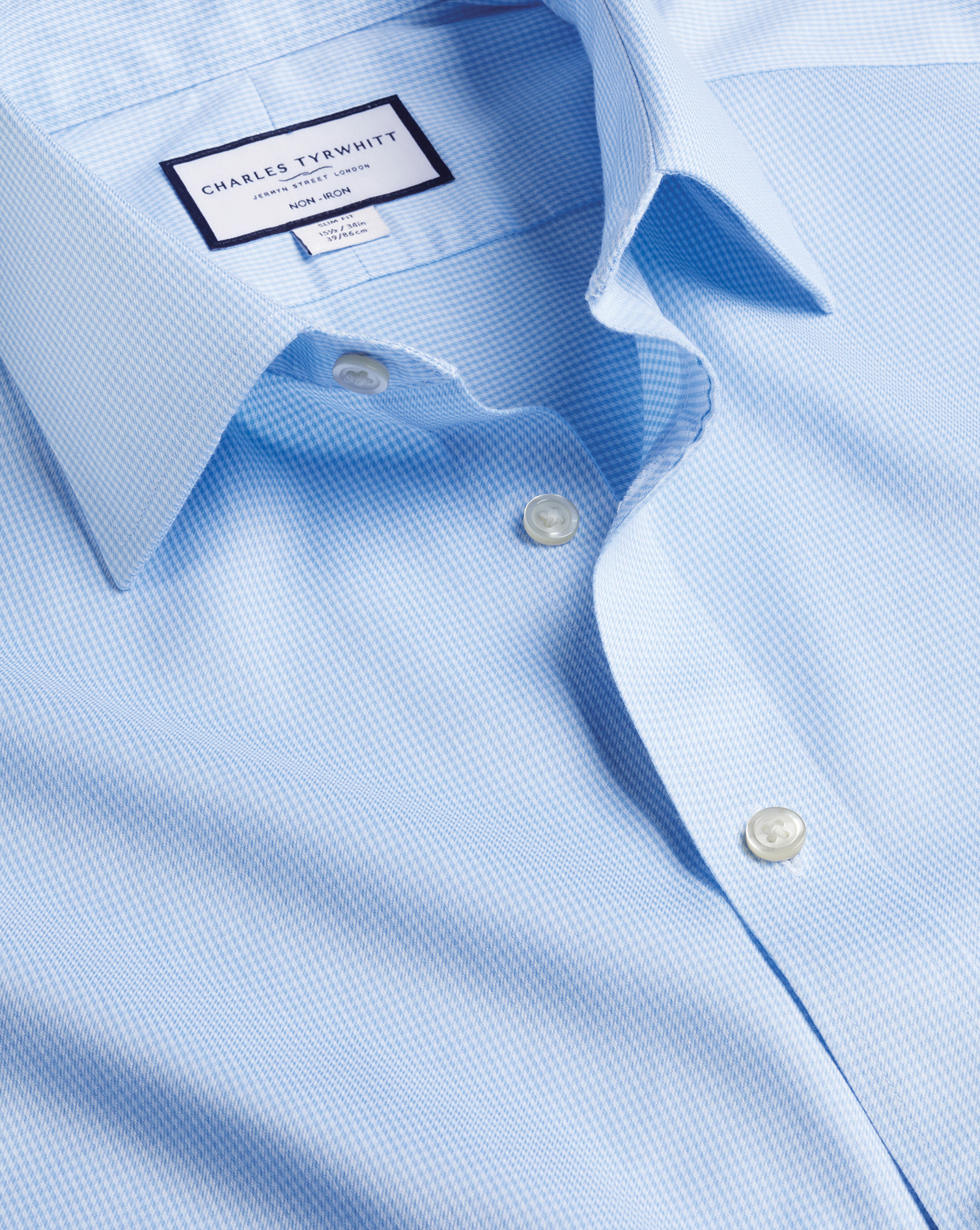 Men's Charles Tyrwhitt Non-Iron Puppytooth Dress Shirt - Sky Blue Single Cuff Size Large Cotton
