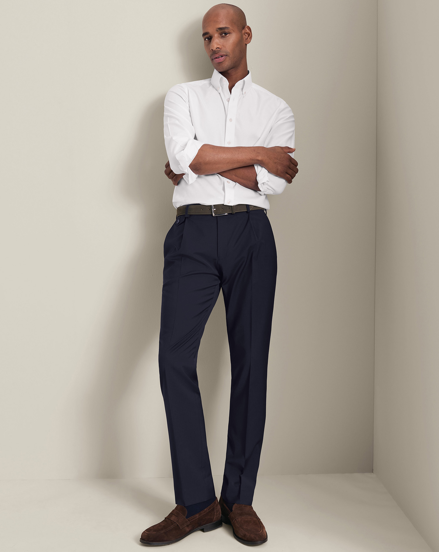Pleat Front Wool Stretch Trousers - Navy, 38/30 by Charles Tyrwhitt
