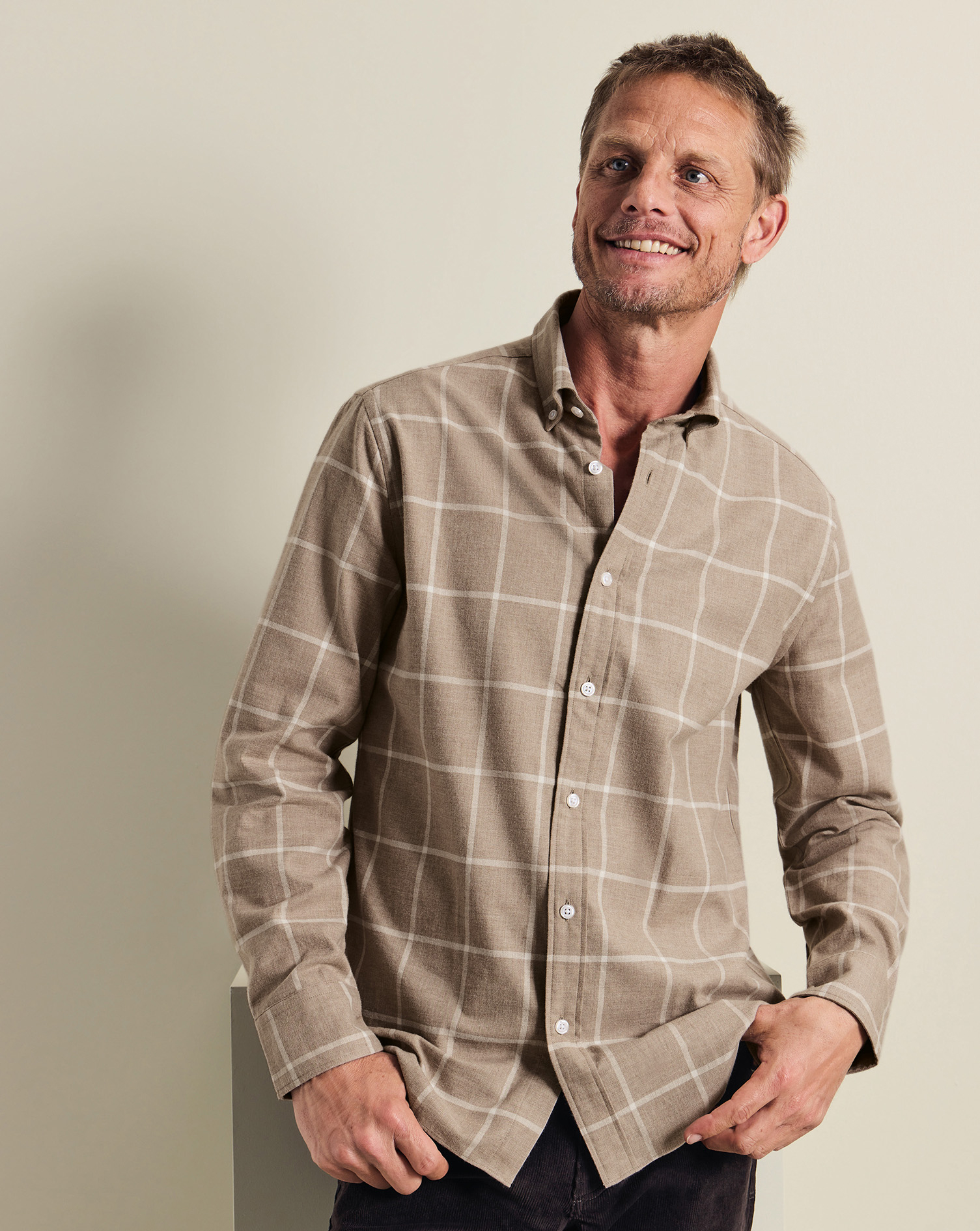 Men's Charles Tyrwhitt Brushed Flannel Windowpane Check Shirt - Taupe Neutral Size Large Cotton