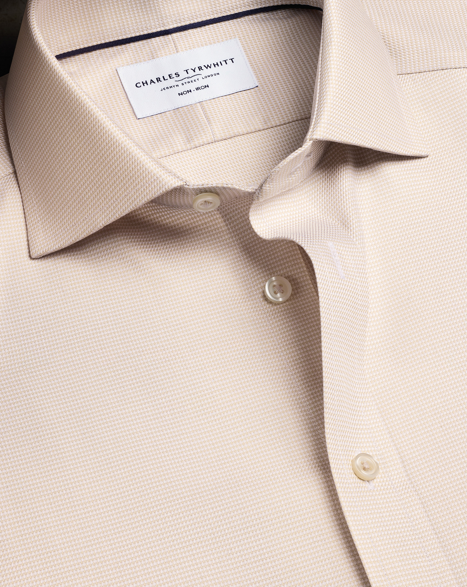 Men's Non-Iron Stretch Trafalgar Weave Cotton Shirt - Stone Beige Single Cuff by Charles Tyrwhitt