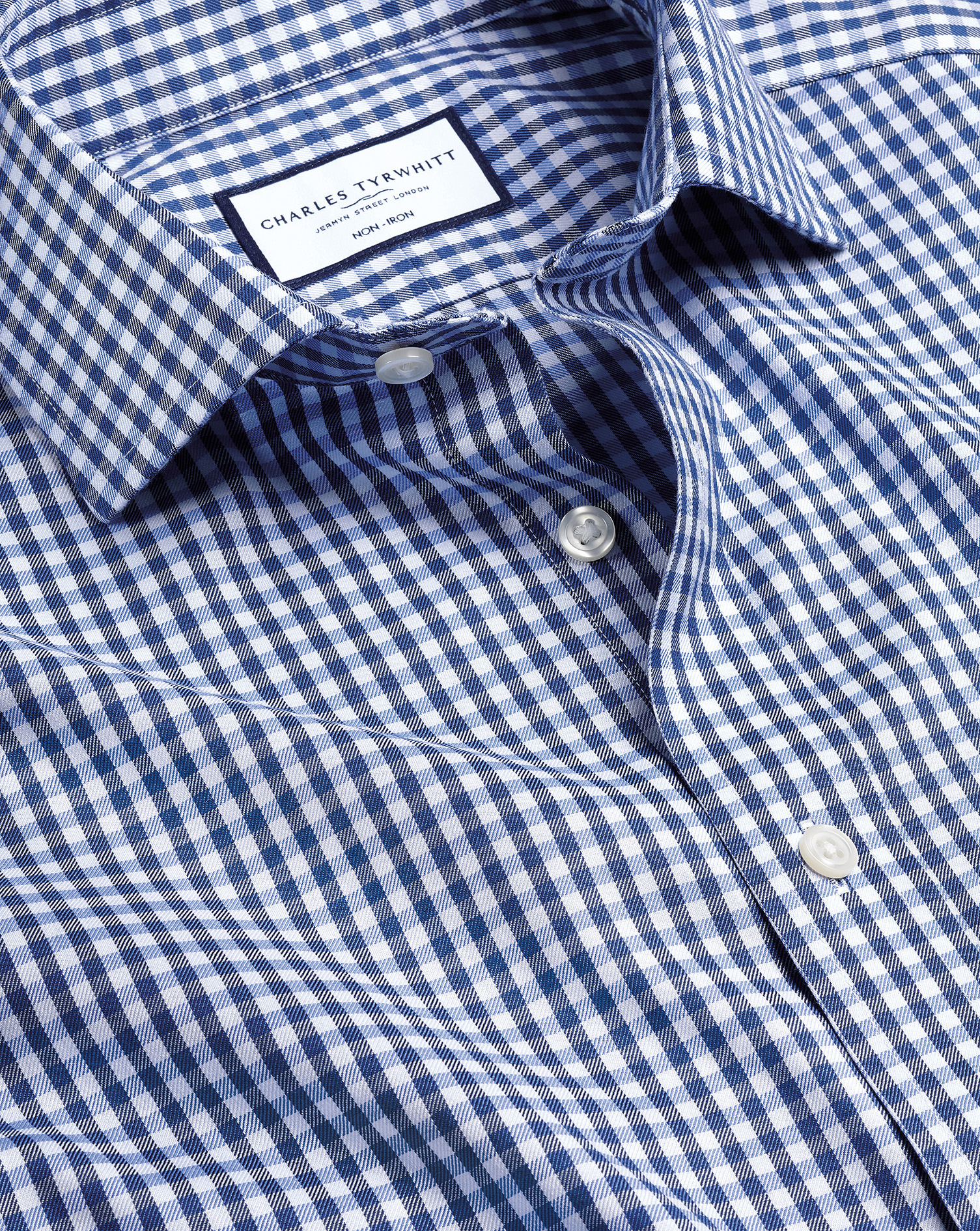 Men's Charles Tyrwhitt Cutaway Collar Non-Iron Twill Gingham Dress Shirt - Royal Blue Single Cuff Si