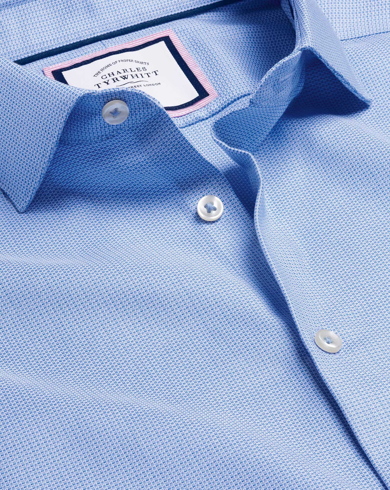 semi-cutaway collar non-iron stretch texture cotton formal shirt - blue single cuff size 14.5/33 by charles tyrwhitt