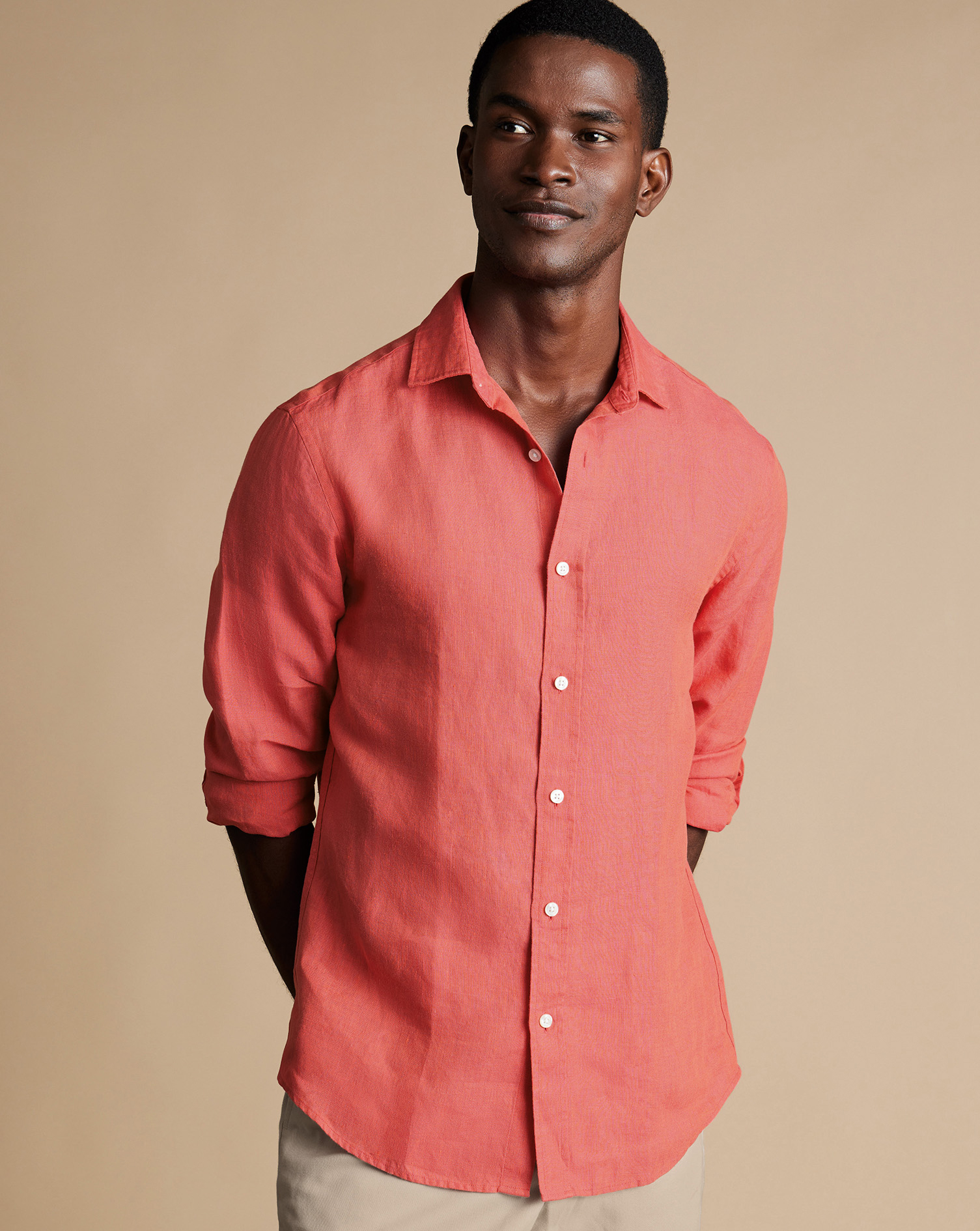 Men's Charles Tyrwhitt Pure Casual Shirt - Coral Pink Size XXL Linen
