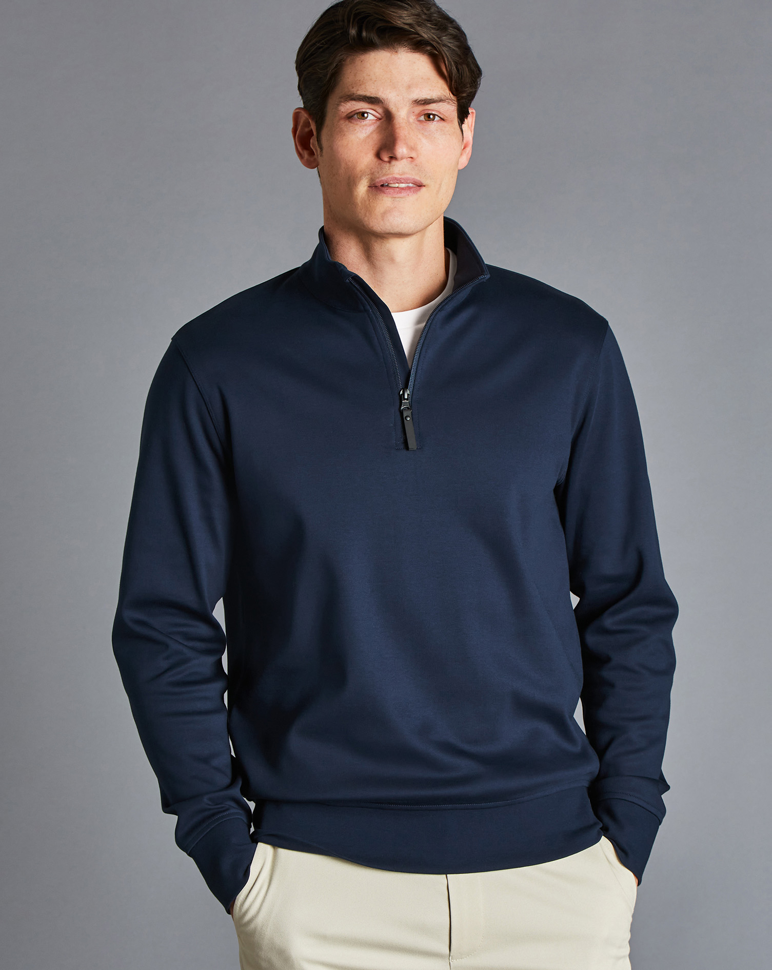 Men's Charles Tyrwhitt Performance Zip-Neck Sweater - Navy Blue Size Medium Cotton
