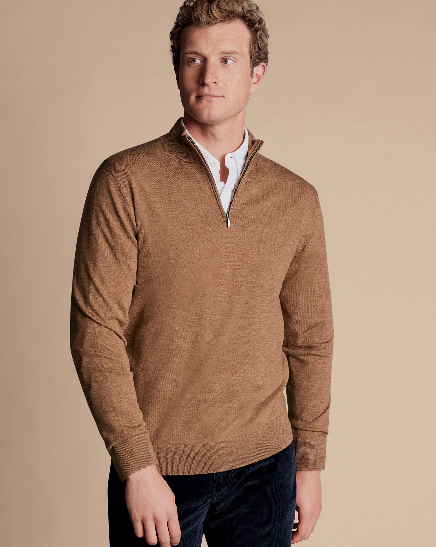 Men's Charles Tyrwhitt Merino Zip Neck Sweater - Sand Brown Neutral Size XXXL Wool
