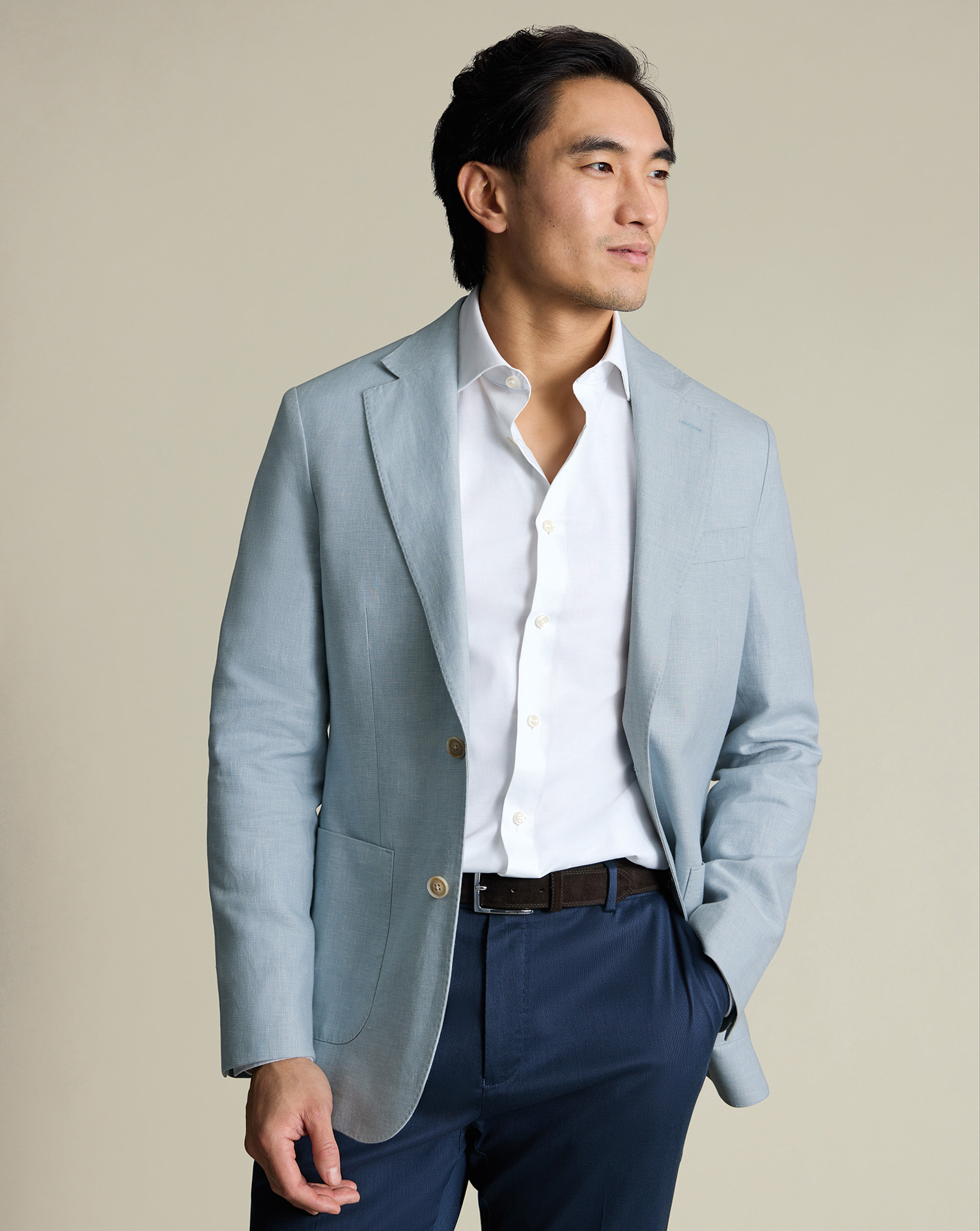 Men's Linen Cotton Jacket - Ice Blue, 42S by Charles Tyrwhitt